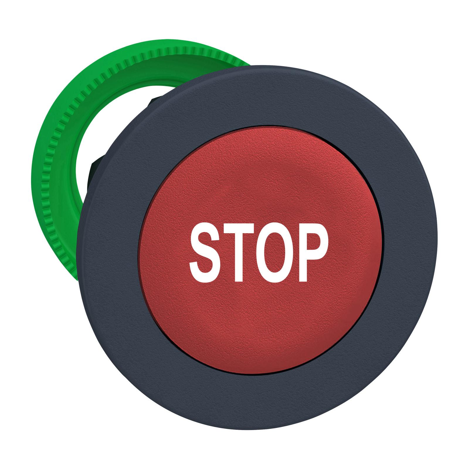 Harmony XB5, Antimicrobial Flush mounted push button head, plastic, red, Ø30, spring return, marked STOP, dark grey bezel