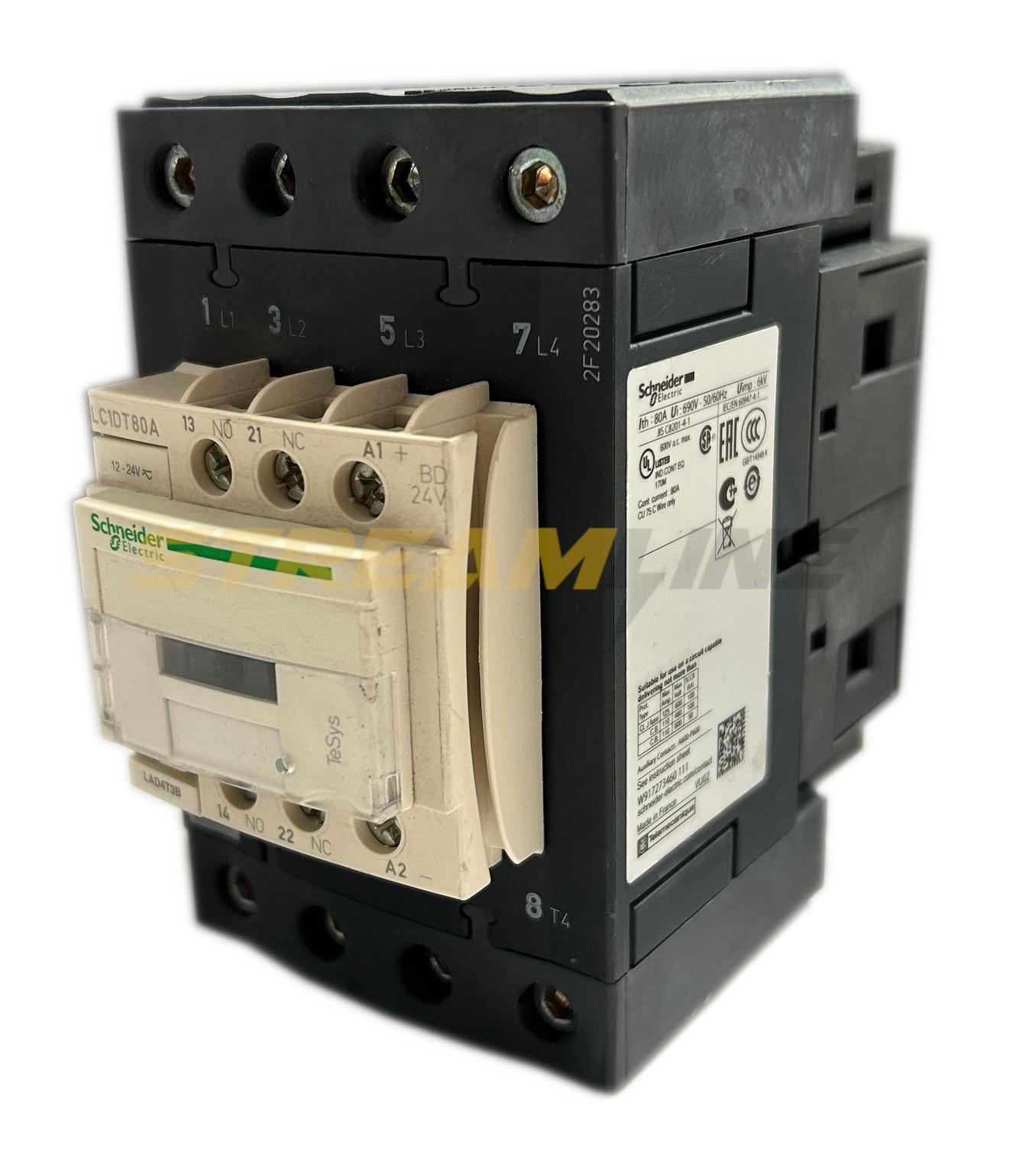 IEC contactor, TeSys Deca, nonreversing, 80A resistive, 4 pole, 4 NO, 24VDC coil, open style