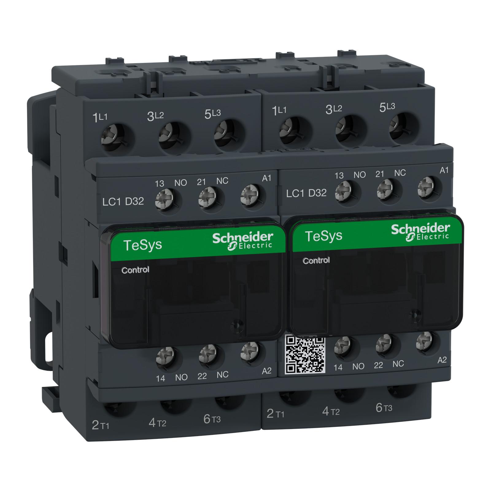 TeSys Deca IEC contactor, 32 A, 3 P, 20 HP at 480 VAC, reversing, 120 VAC 50/60 Hz coil
