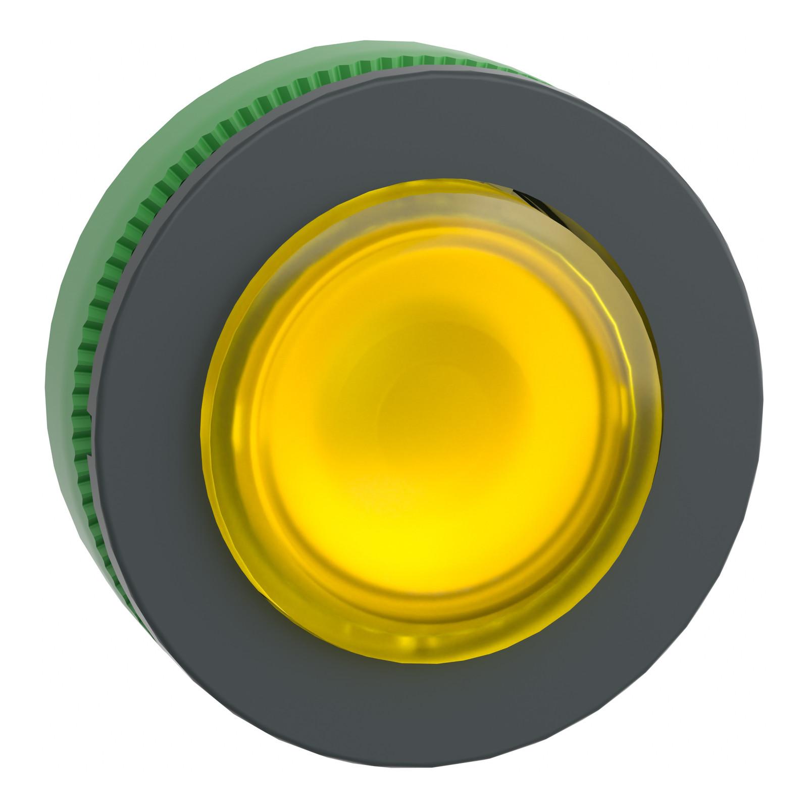 Head for illuminated push button, Harmony XB5, plastic, yellow projecting, universal LED, spring return, plain lens