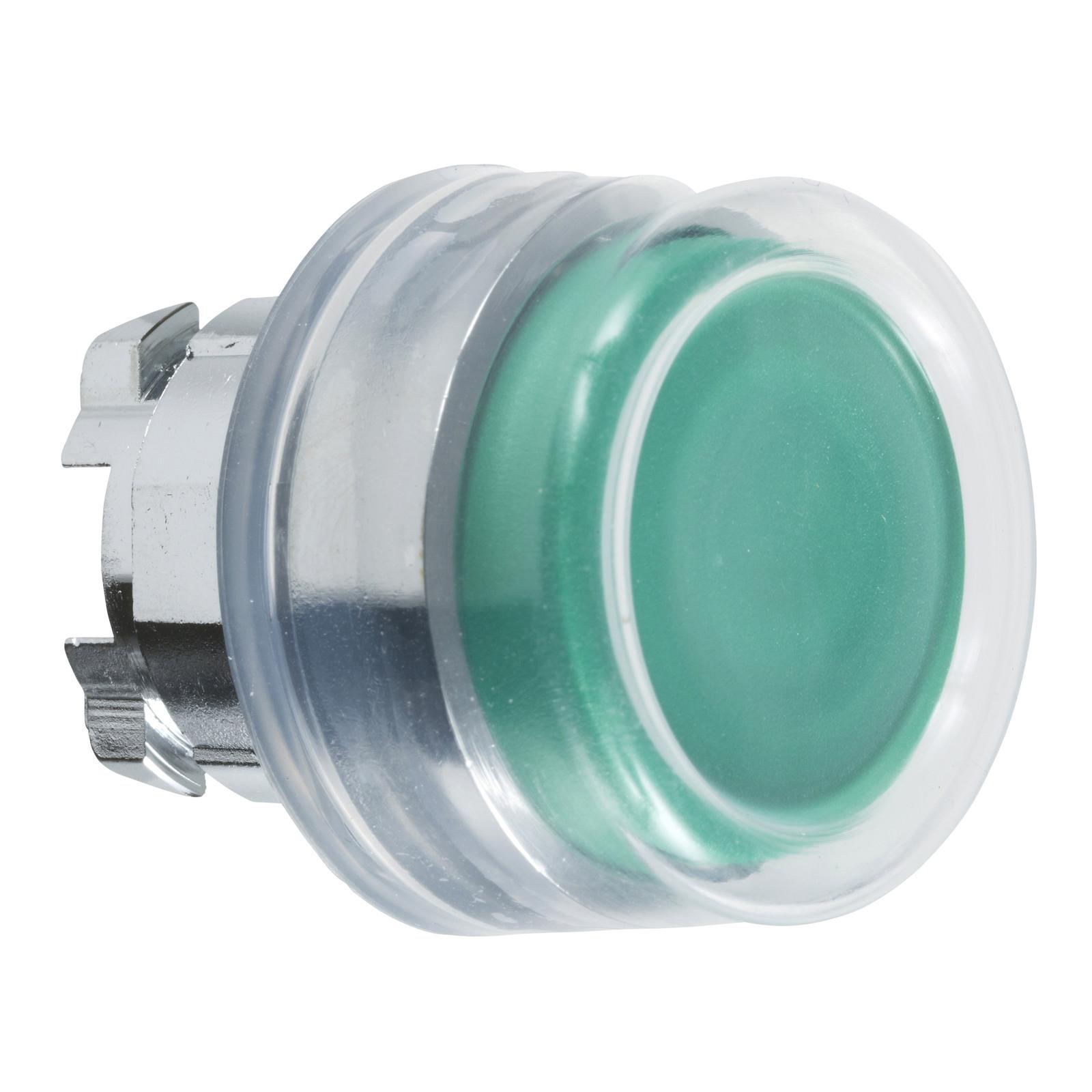 Head for non illuminated push button, Harmony XB4, metal, green flush, 22mm, spring return, clear boot, unmarked