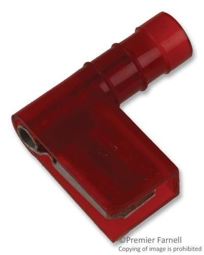 Nylon Insulated Open Top 90 Degree Flag Female Disconnect Terminal, Length .80 Inch, Width .71 Inch, Maximum Insulation .170, Tab Size .250x.032, Wire Range #22-#18 AWG, Color Red, Brass, Tin Plated