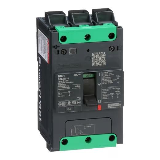 Circuit breaker, PowerPacT B, 60A, 3 pole, 600Y/347VAC, 14kA, lugs, thermal magnetic, 80%, control wire ON end