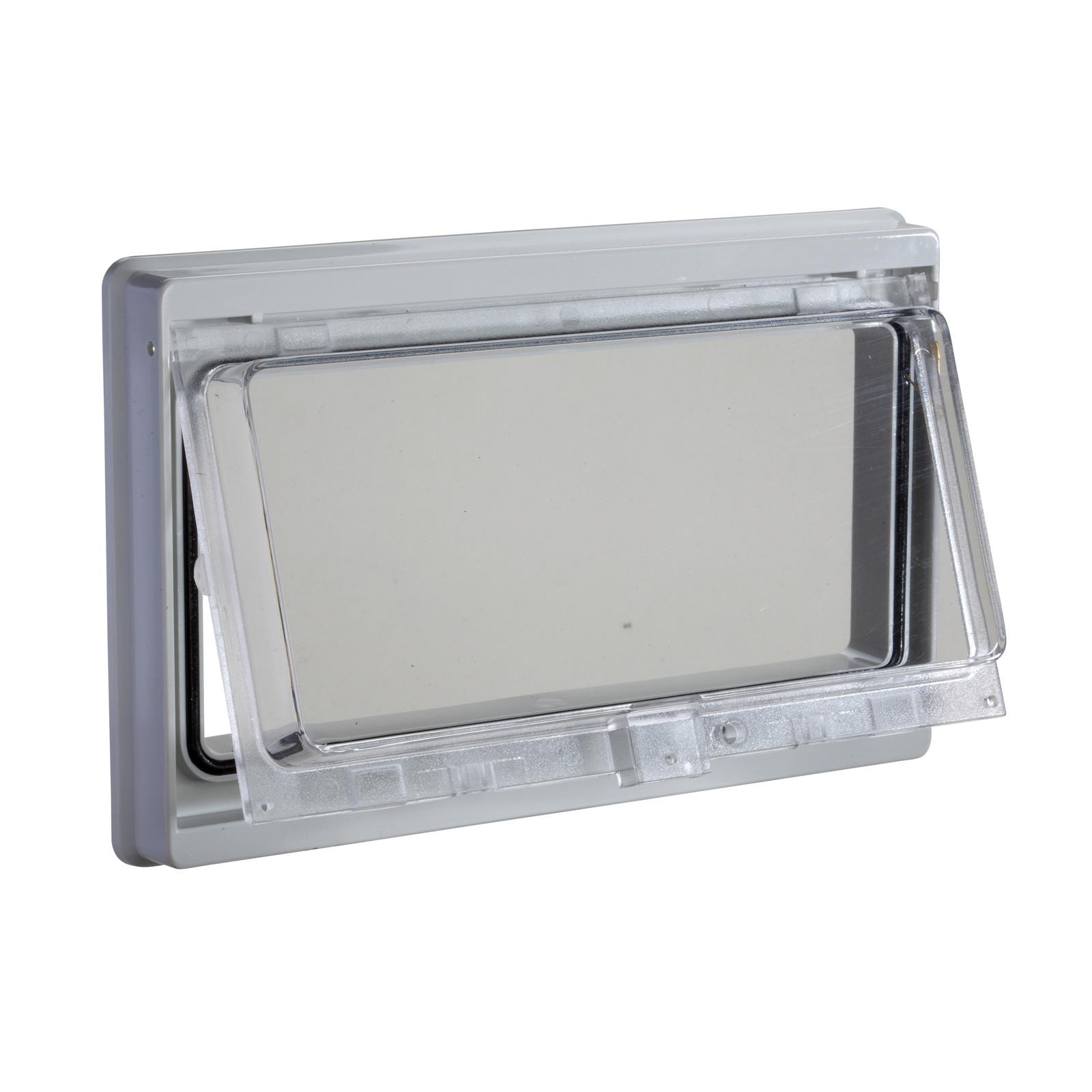 Plastic window with hinged transparent cover, L78xW180mm.
