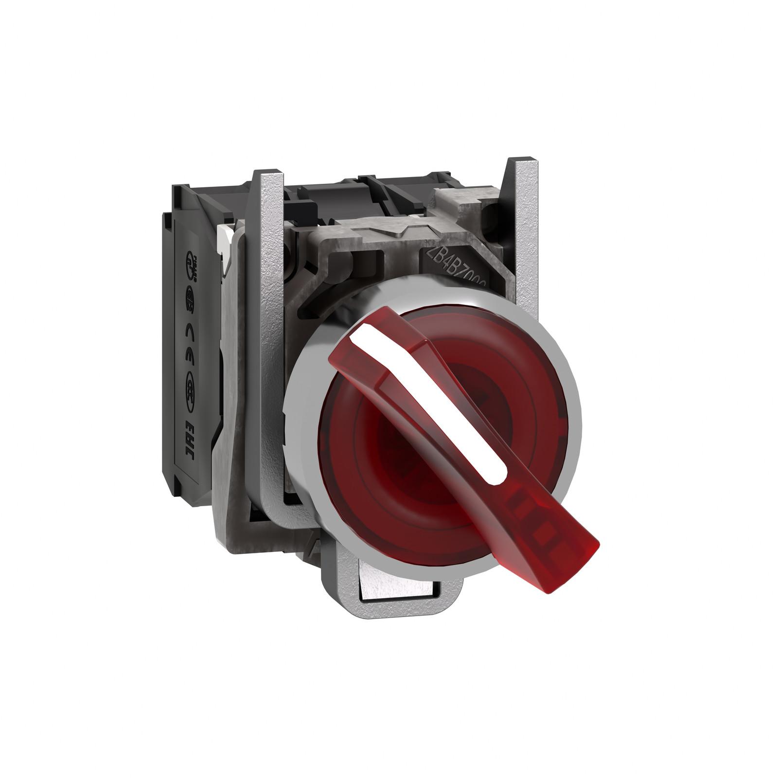 Illuminated selector switch, Harmony XB4, metal, red handle, 22mm, universal LED, 2 positions, 1NO + 1NC, 230...240V AC