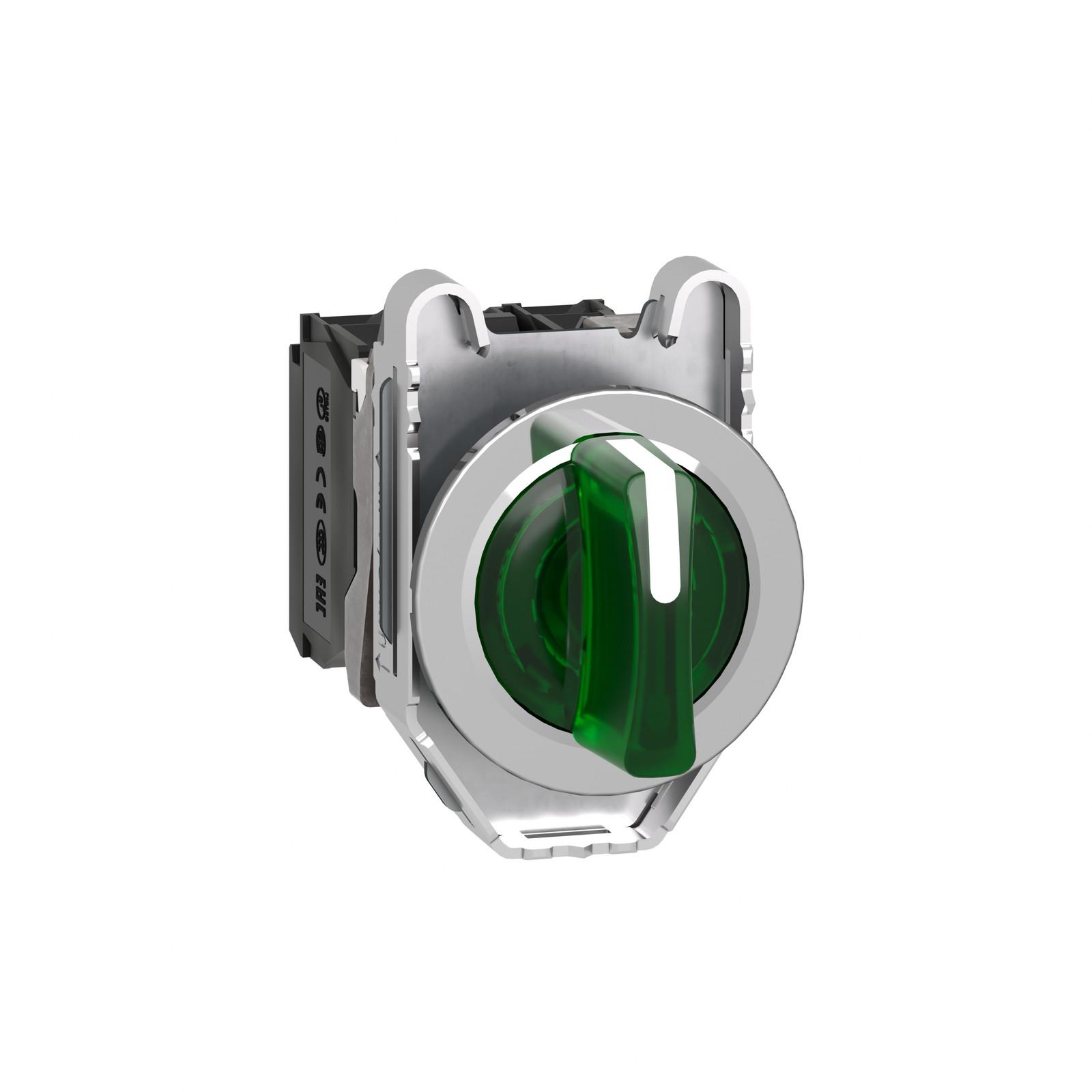Illuminated selector switch, Harmony XB4, metal, green handle, 30mm, universal LED, 3 positions, 1NO + 1NC, 230...240V AC