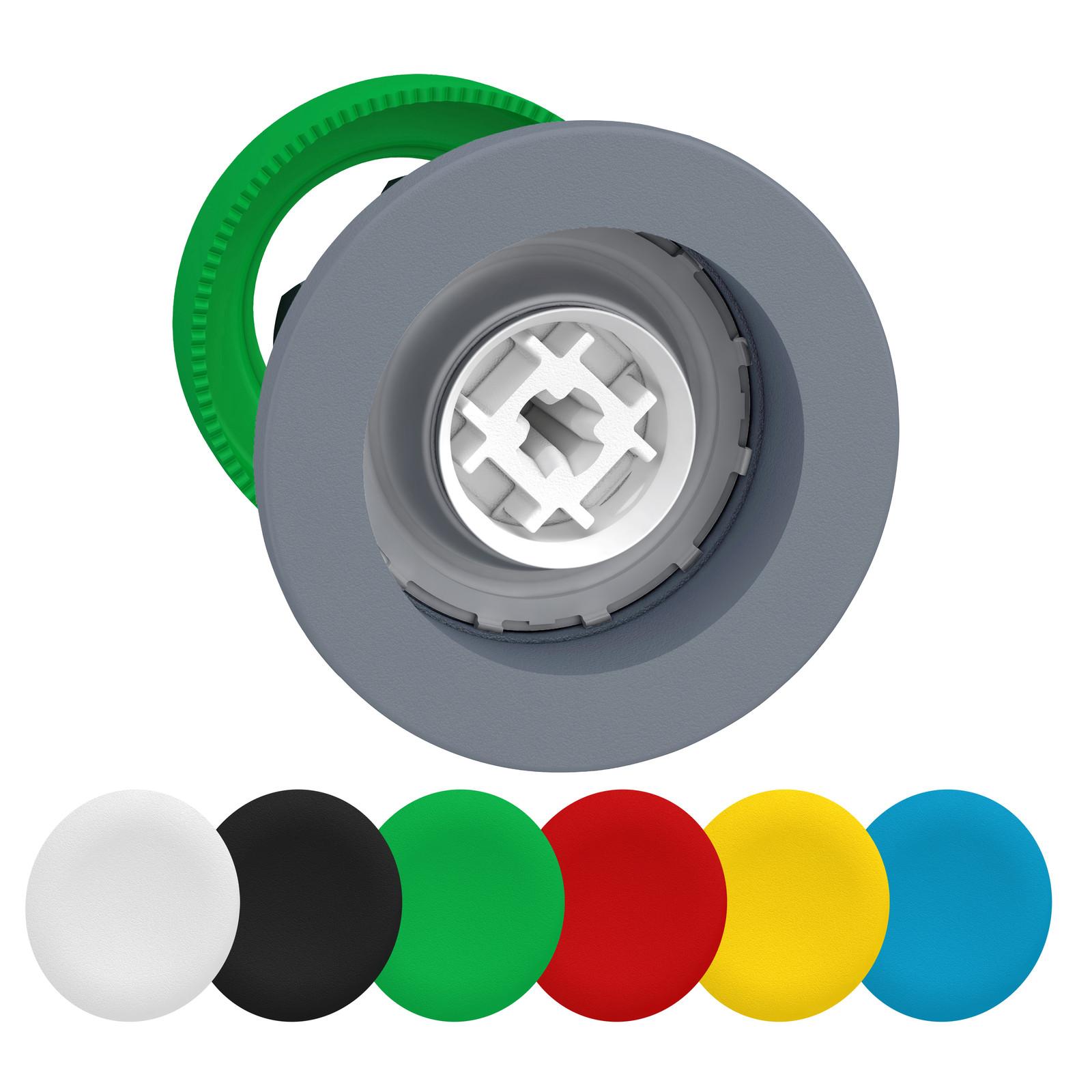 Harmony XB5, Flush mounted push button head, plastic, 6 colored caps, Ø30, spring return, unmarked, grey bezel