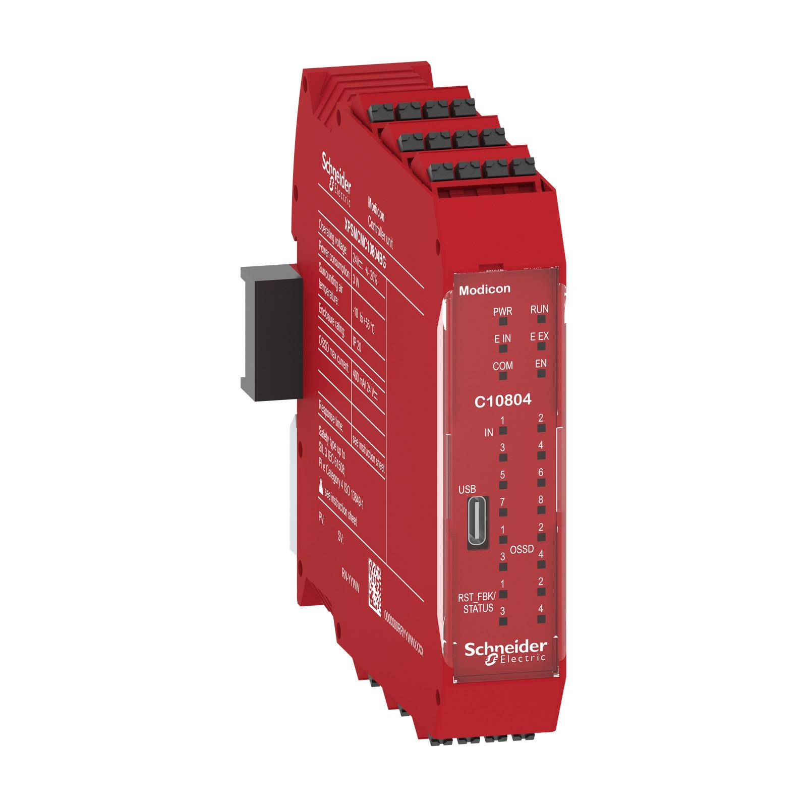 safety controller, Modicon MCM, 8 inputs 4 outputs, combined with backplane expansion connector, spring