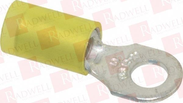 Vinyl-Insulated Ring Terminal, Length 1.06 Inches, Width .31 Inches, Maximum Insulation .210, Bolt Hole #10, Wire Range #12-#10 AWG, Color Yellow, Copper, Tin Plated