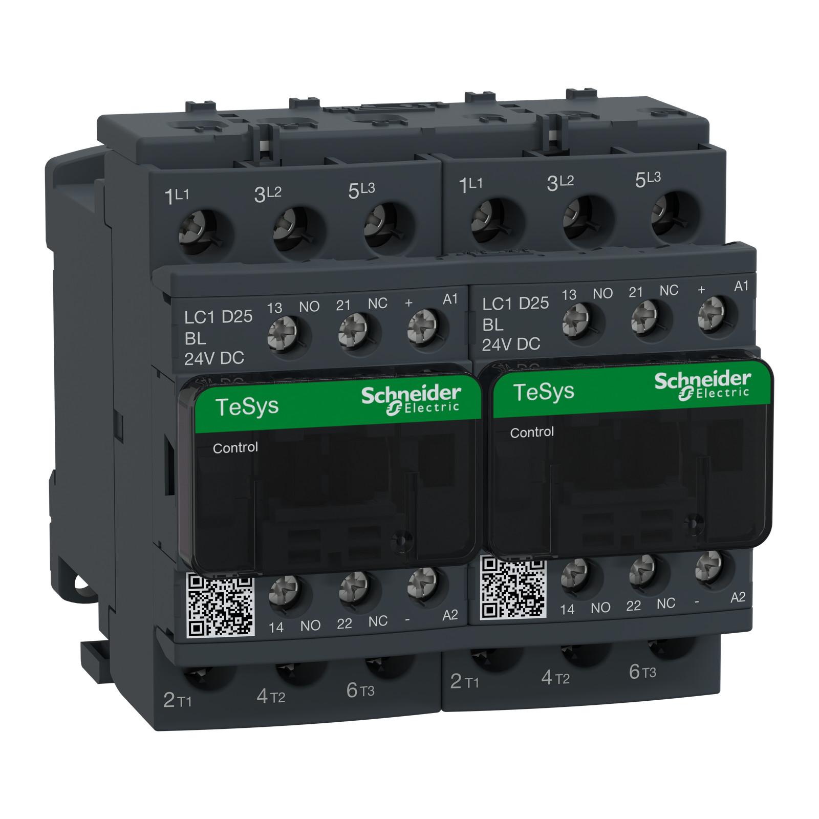TeSys Deca reversing contactor - 3P(3 NO) - AC-3 - <= 440 V 25 A - 24 V low consumption DC coil
