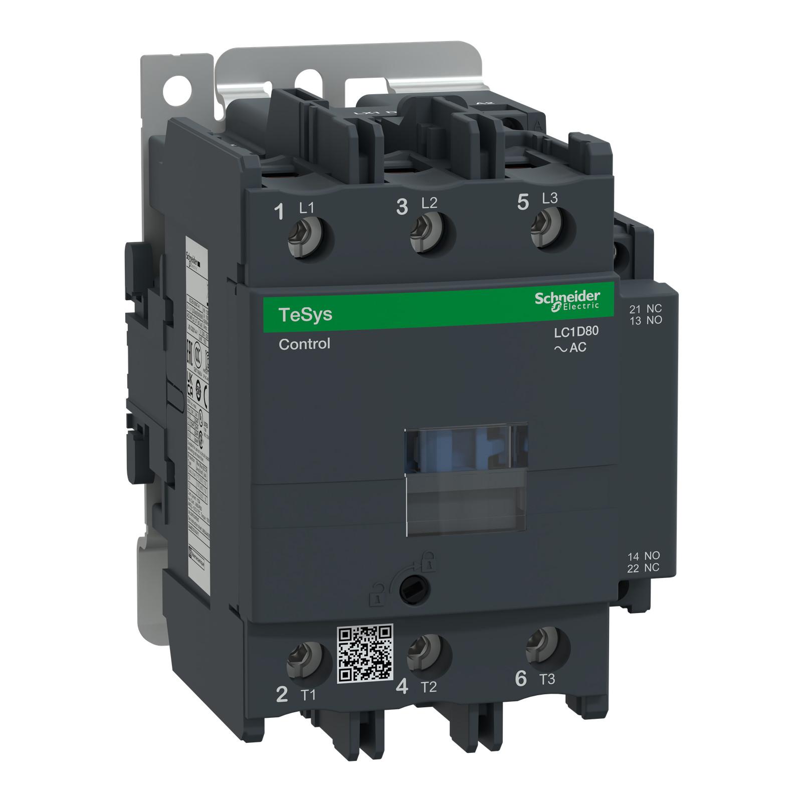 IEC contactor, TeSys Deca, nonreversing, 80A, 60HP at 480VAC, up to 100kA SCCR, 3 phase, 3 NO, 42VAC 50/60Hz coil, open