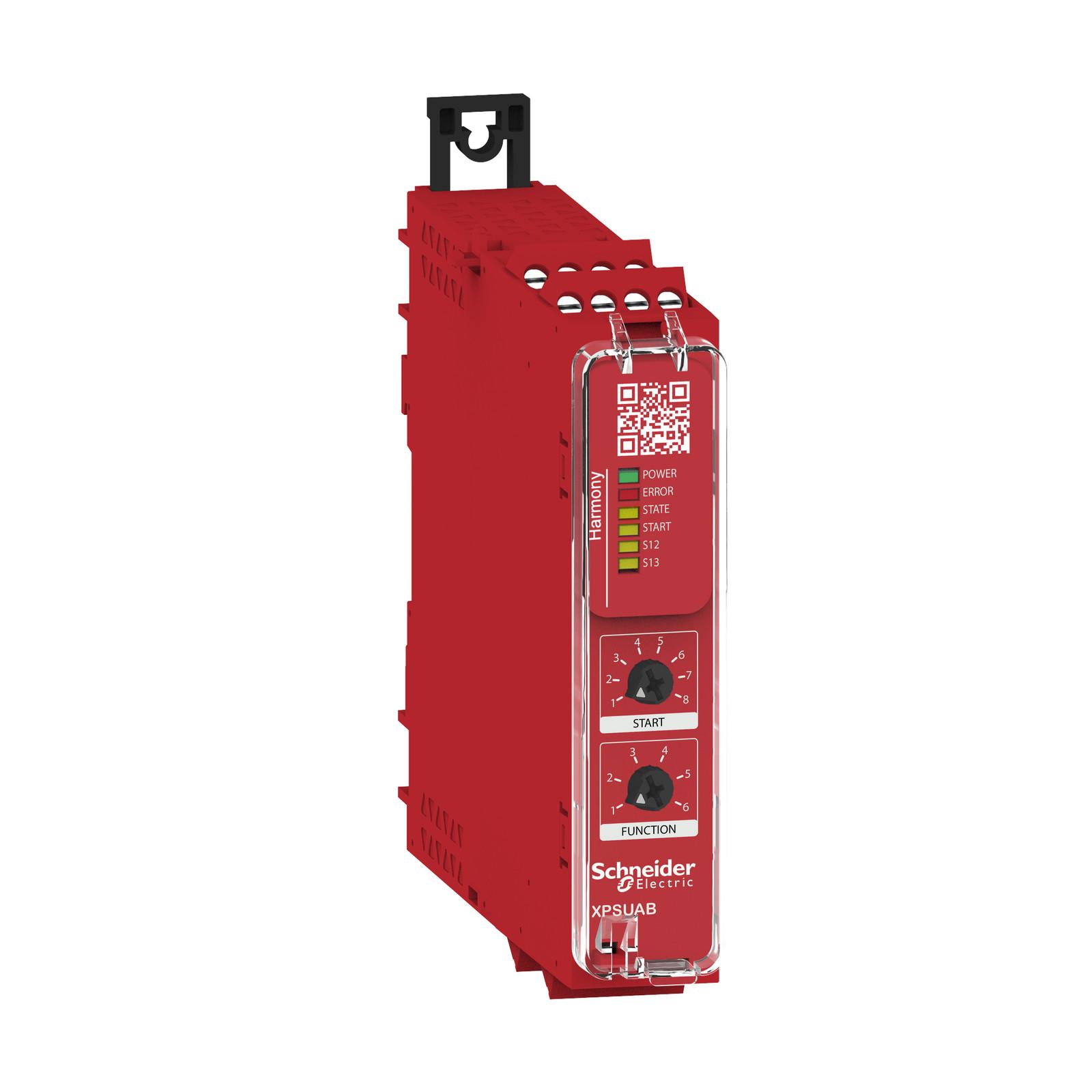 safety module, Harmony XPSU, Cat 1, potential free 2 NC, NO NC, 2 PNP, 24V AC or DC, screw