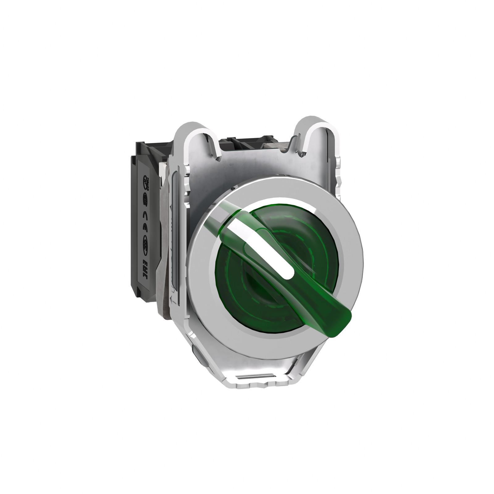 Illuminated selector switch, Harmony XB4, metal, green handle, 30mm, universal LED, 2 positions, 1NO + 1NC, 230...240V AC