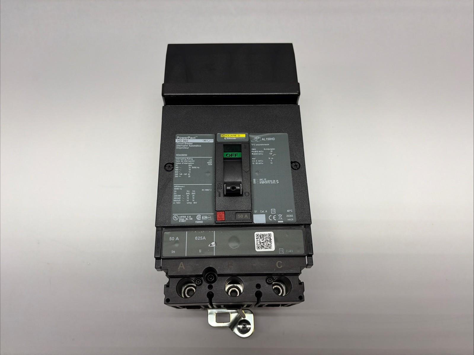 Circuit breaker, PowerPacT H, 50A, 3 pole, 600VAC, 14kA, I-Line, thermal magnetic, 80%, ABC