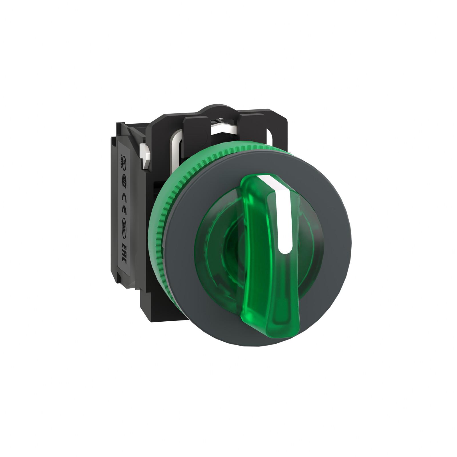 Illuminated selector switch, Harmony XB5, grey plastic, green handle, 30mm, universal LED, 3 positions, 1NO + 1NC, 24V AC DC