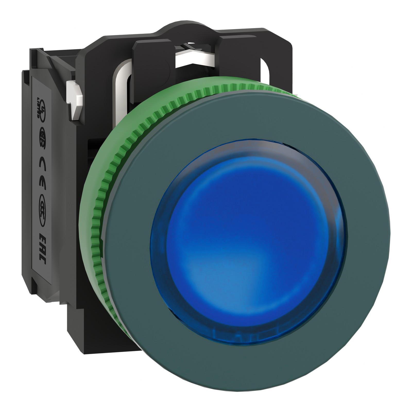 Illuminated push button, Harmony XB5, antimicrobial, plastic, blue, 30mm, universal LED, 1NO + 1NC, 230...240V AC