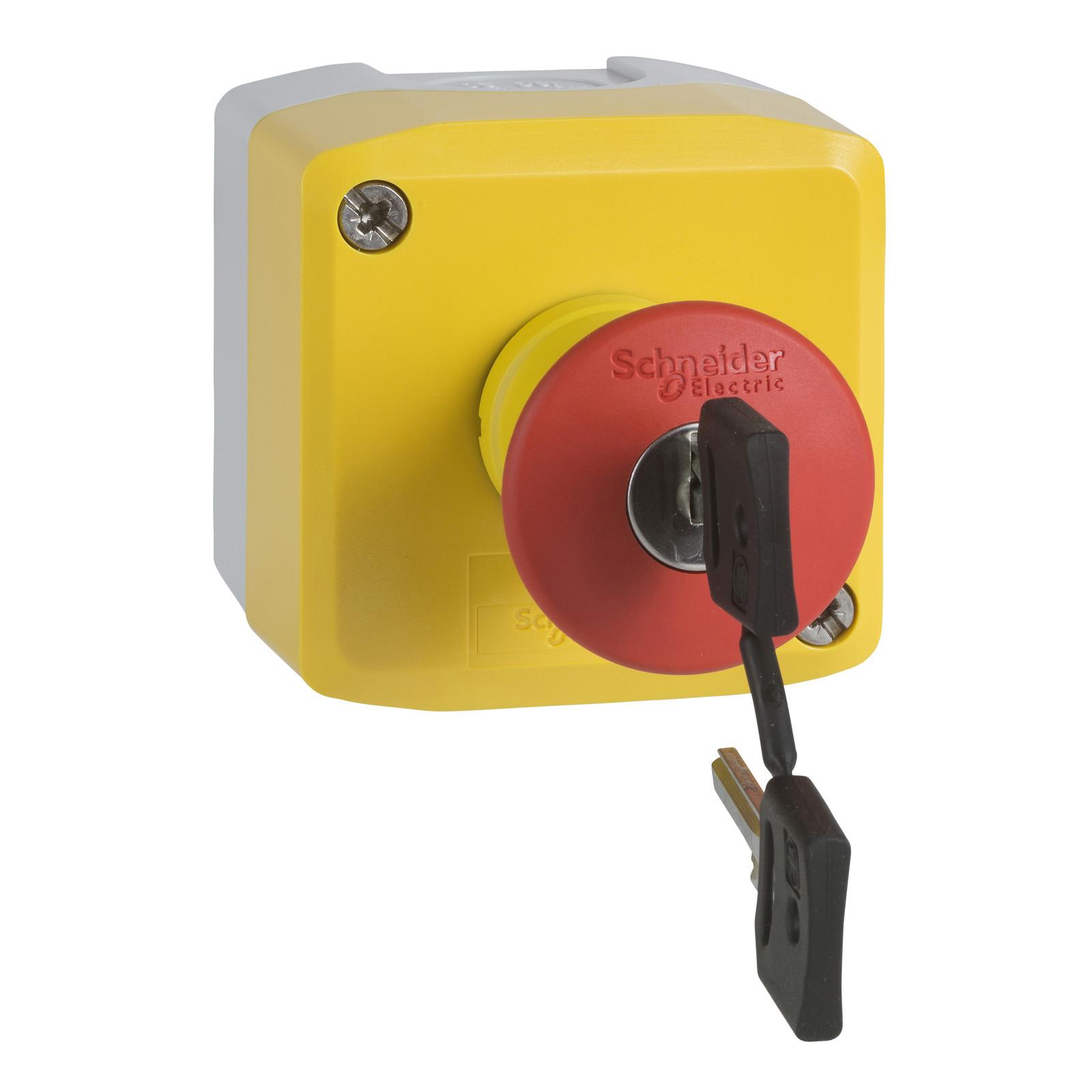 Control station, Harmony XALK, plastic, yellow lid, 1 red mushroom push button 40mm, key release, 1NO + 1NC, unmarked