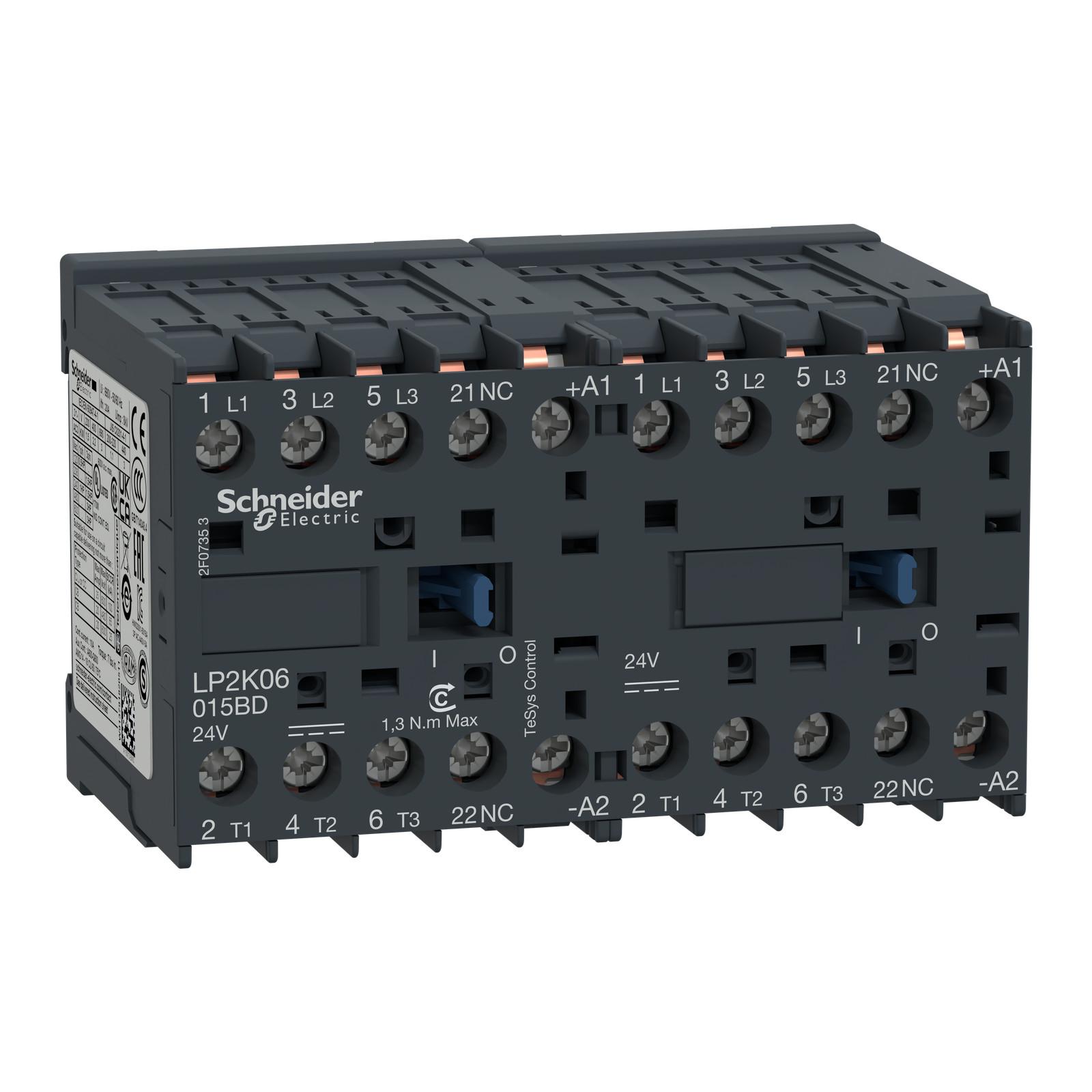 Reversing contactor, TeSys K, 3P, AC-3, lt or eq to 440V 9A, 1 NC, 24VDC coil