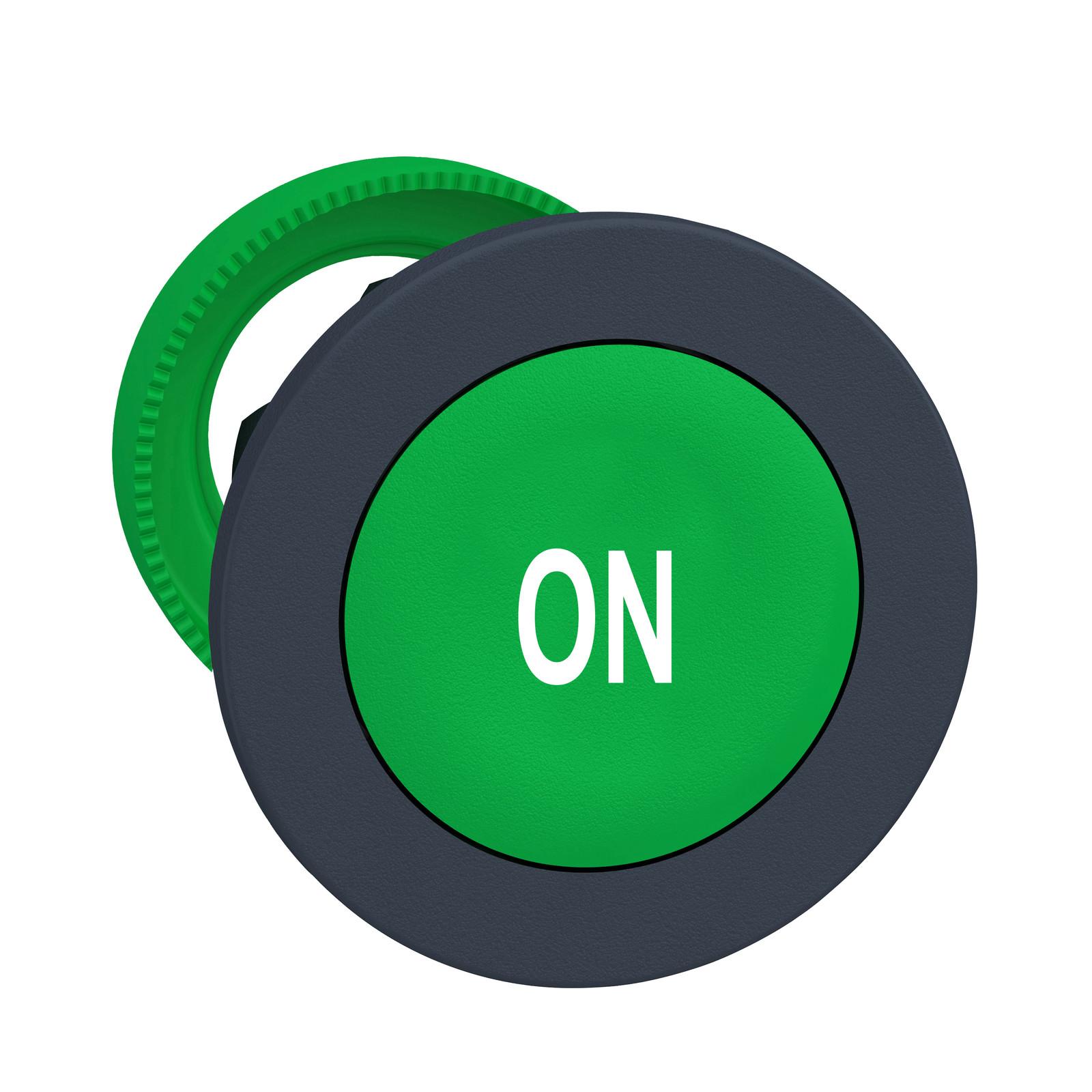 Harmony XB5, Antimicrobial Flush mounted push button head, plastic, green, Ø30, spring return, marked ON, dark grey bezel