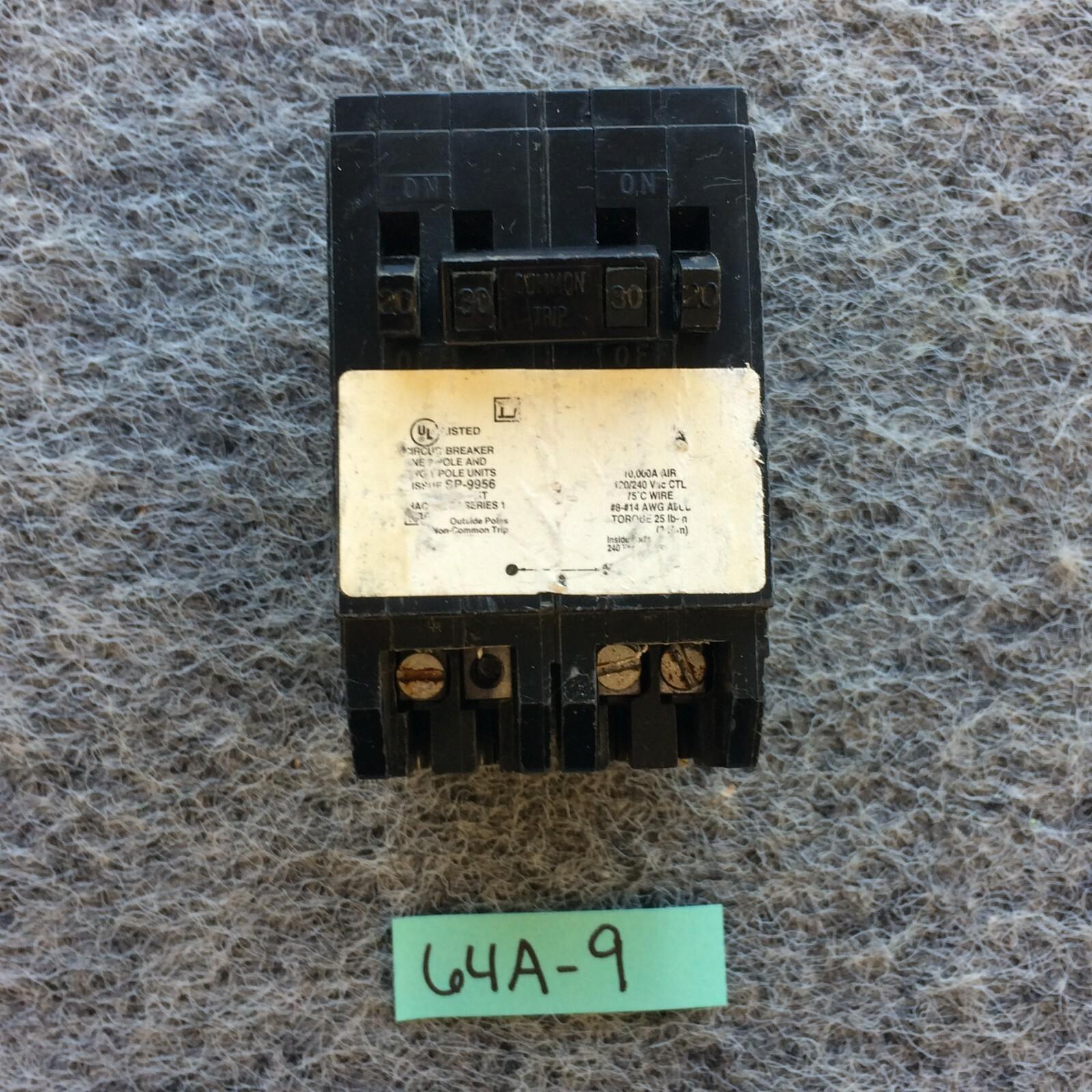 Tandem circuit breaker, Homeline, 2 x 1 pole at 20A, 1 x 2 pole at 30A, 120/240VAC, 10kA AIR, plug in, UL