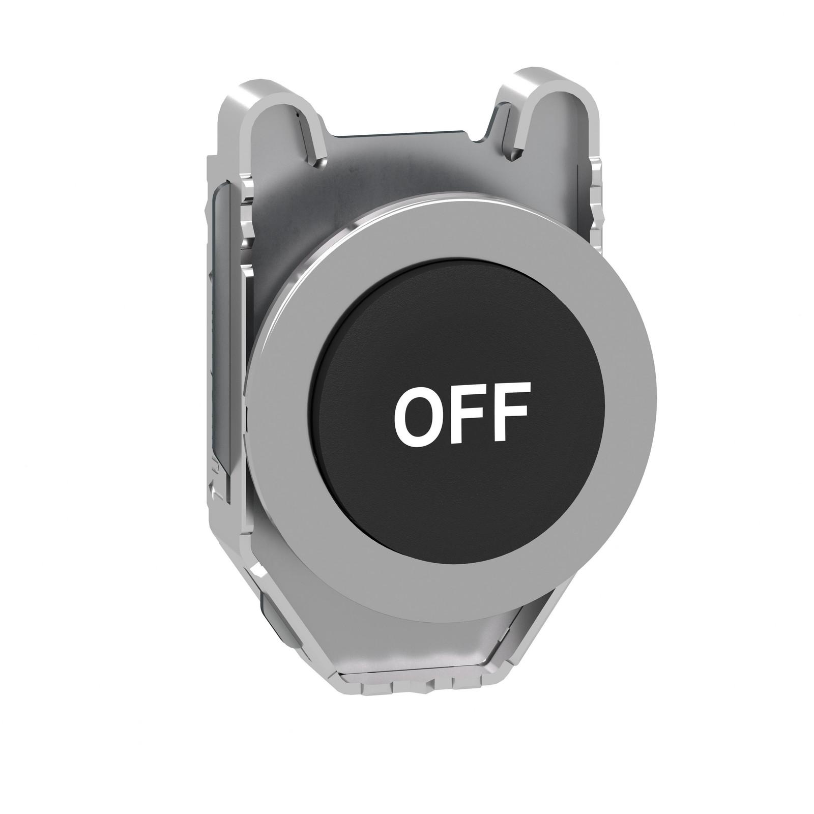 Head for illuminated push button, Harmony XB4, metal, black flush, 30mm, spring return, white marked OFF