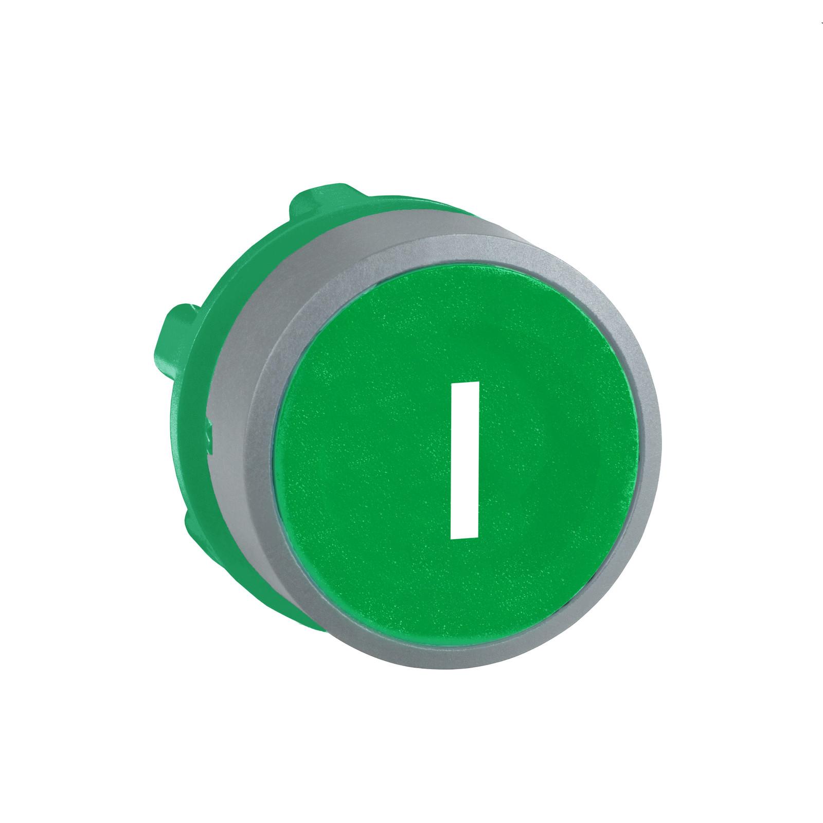 Push button head, Harmony XB5, plastic, flush, green, 22mm, spring return, marked I, grey bezel