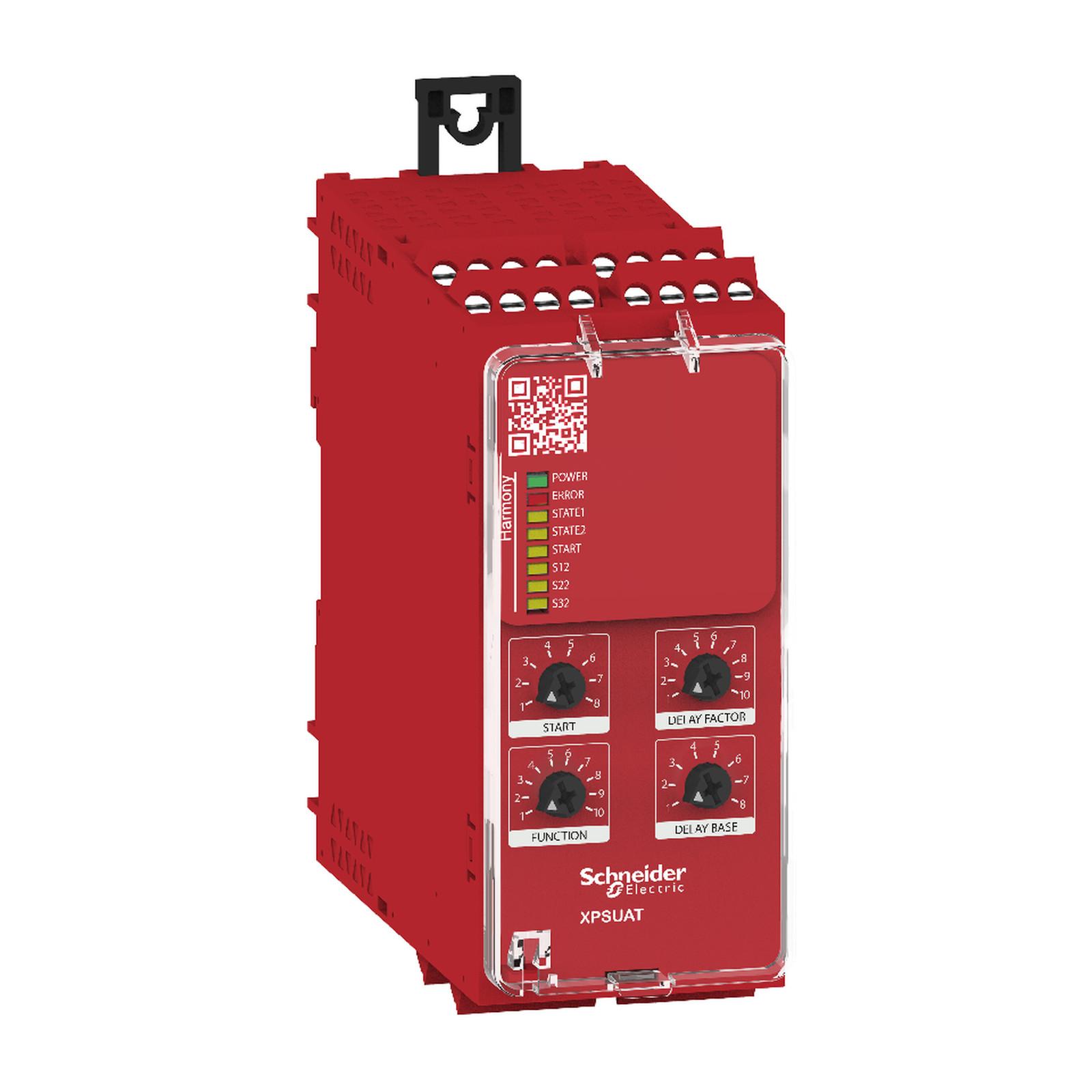 safety module, Harmony XPSU, Cat4, features XPSUAK with delayed outputs, 48 to 240V AC or DC, screw