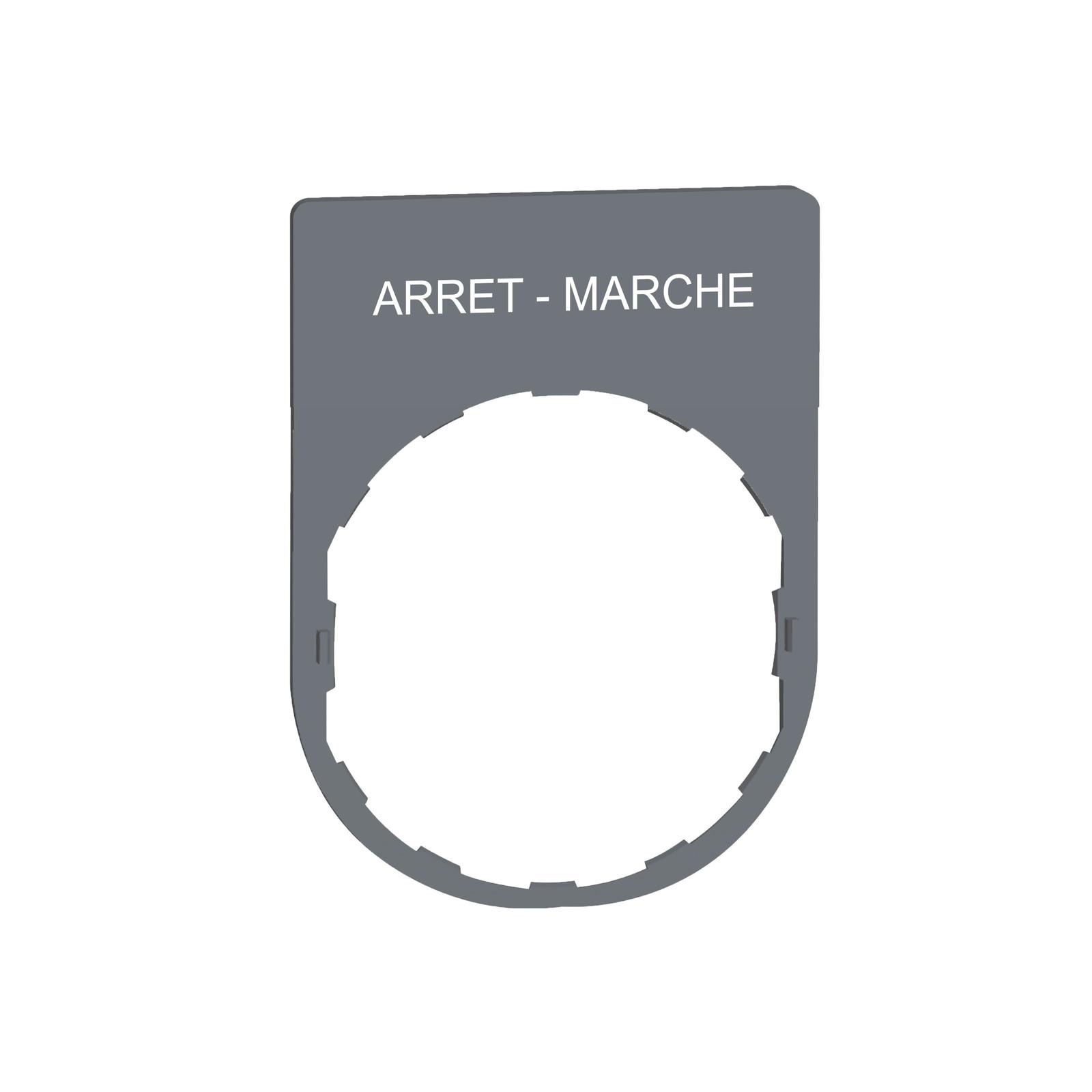 Legend plate, Harmony XB5, 30 x 40mm, grey bezel, white marked ARRET-MARCHE