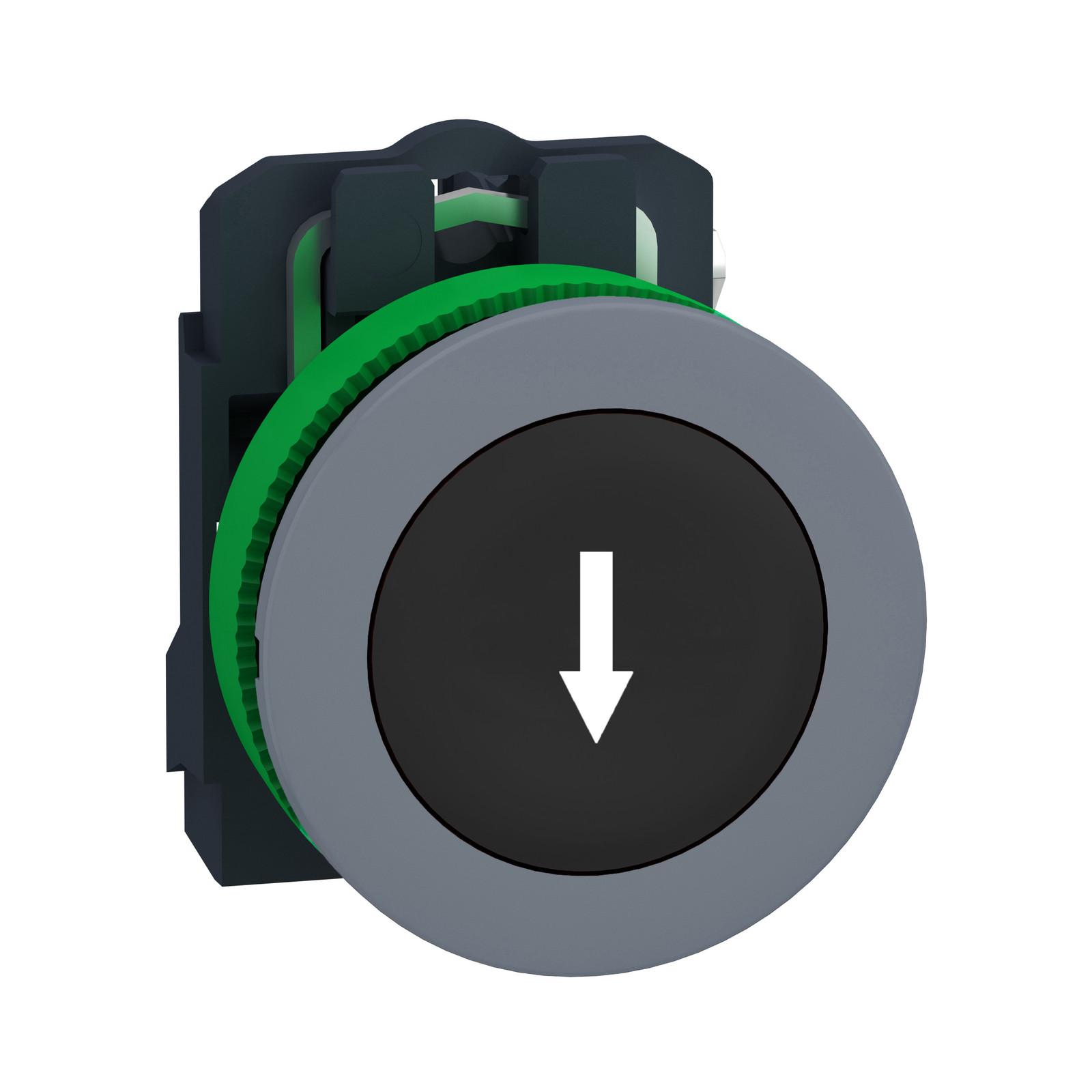 Push button, Harmony XB5, antimicrobial, grey bezel, black flush, 30mm, spring return, 1NO, marked down arrow