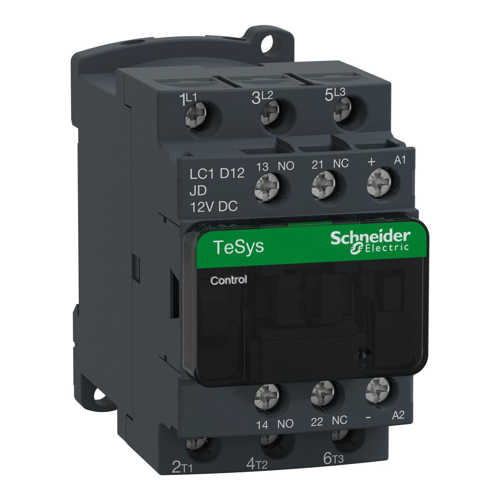 IEC contactor, TeSys Deca, nonreversing, 12A, 7.5HP at 480VAC, up to 100kA SCCR, 3 phase, 3 NO, 12VDC coil, open style