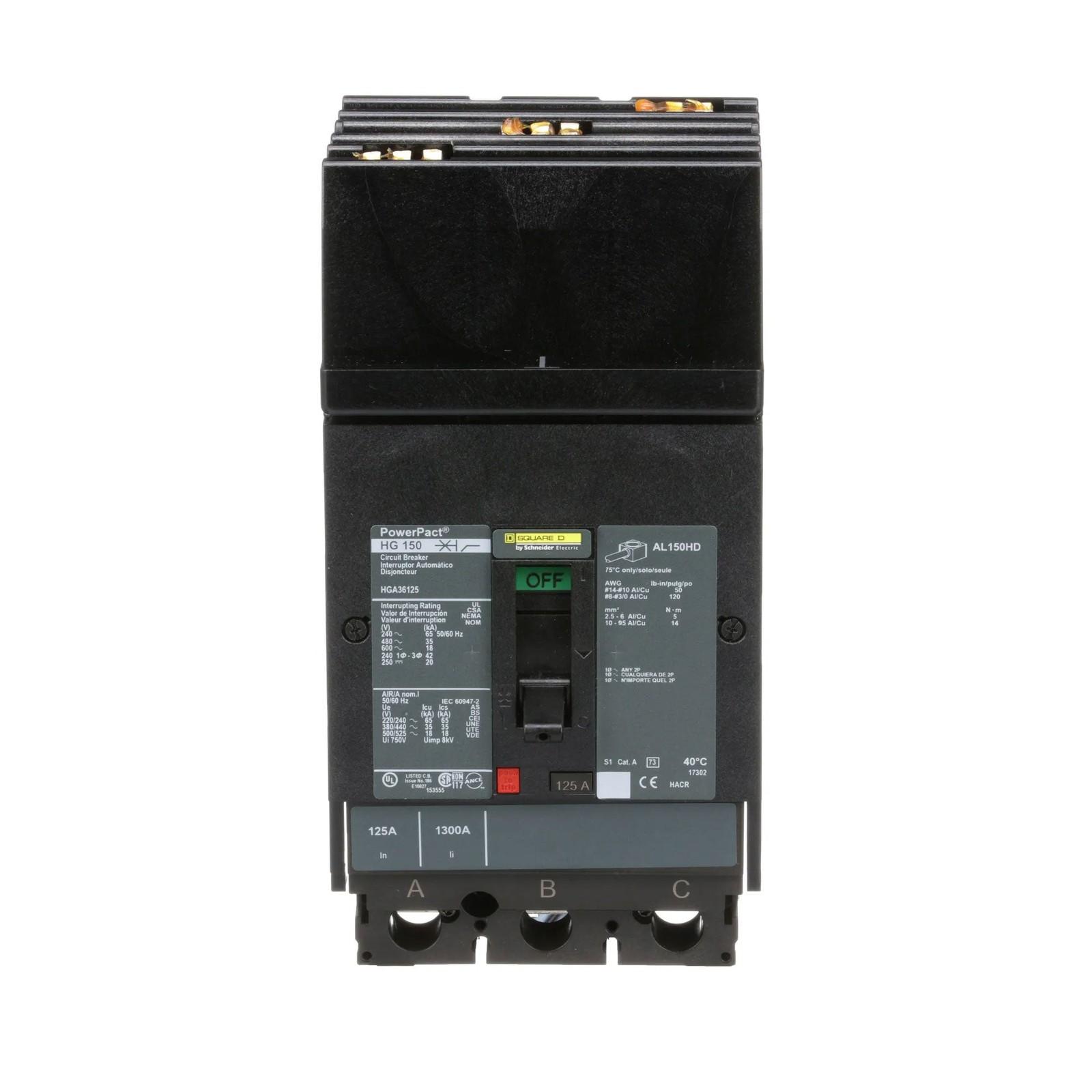 Circuit breaker, PowerPacT H, 125A, 3 pole, 600VAC, 18kA, I-Line, thermal magnetic, 80%, ABC