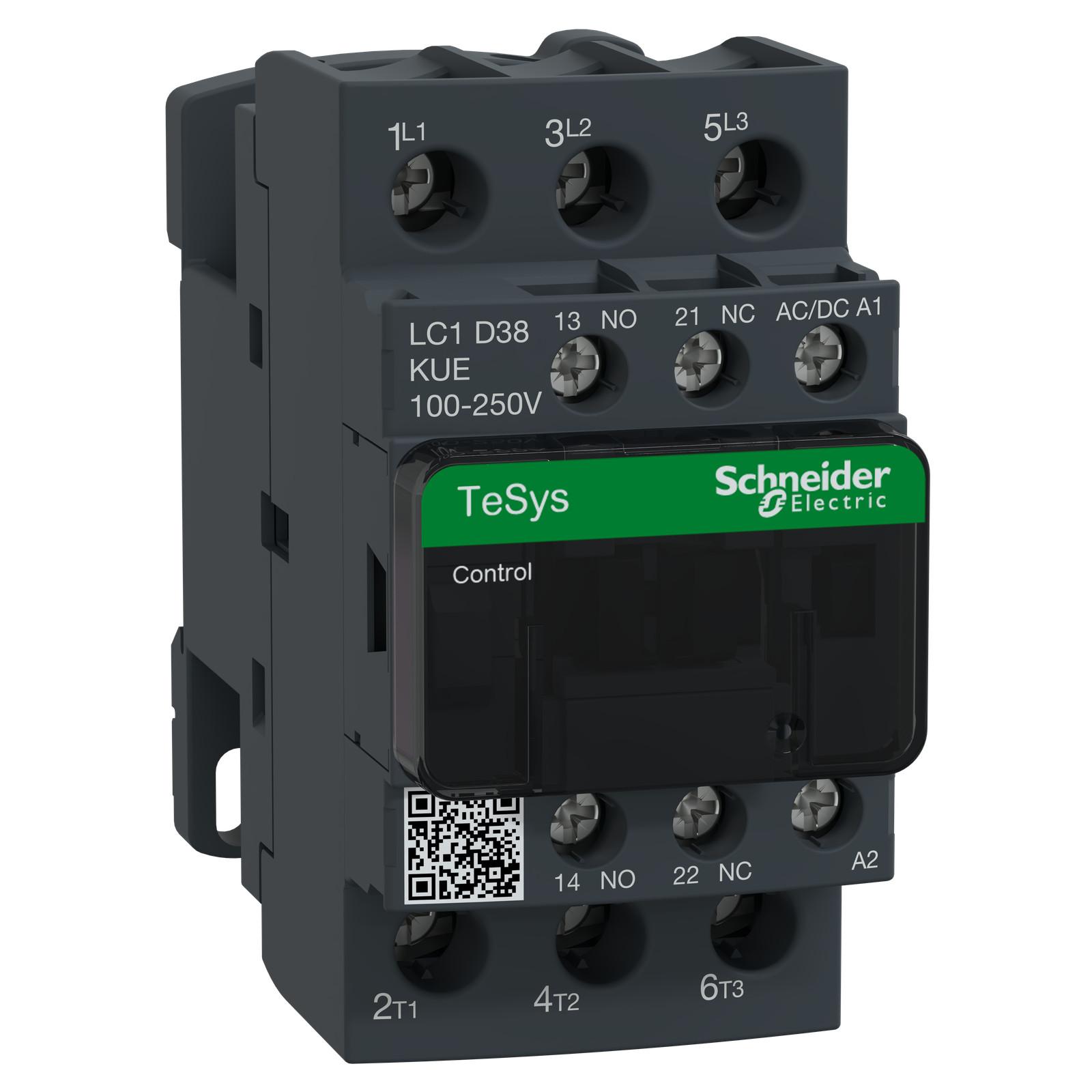IEC contactor, TeSys Deca Green, nonreversing, 38A, 20HP at 480VAC, up to 100kA SCCR, 3 phase, 3 NO, 100/250VAC/VDC coil