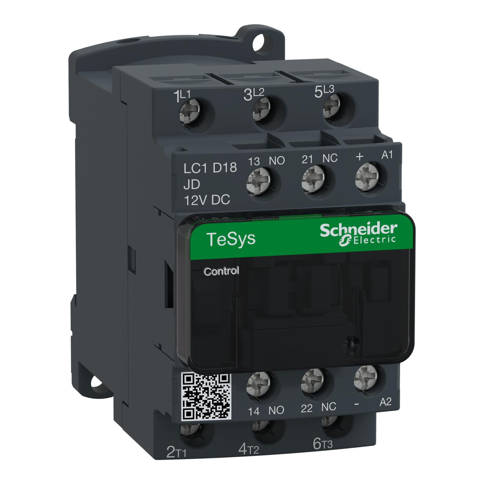 IEC contactor, TeSys Deca, nonreversing, 18A, 10HP at 480VAC, up to 100kA SCCR, 3 phase, 3 NO, 12VDC coil, open