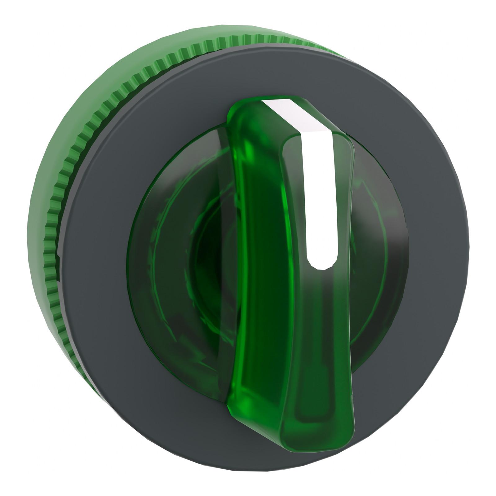 Head for illuminated selector switch, Harmony XB5, plastic, green handle, flush mounted, universal LED, 3 positions