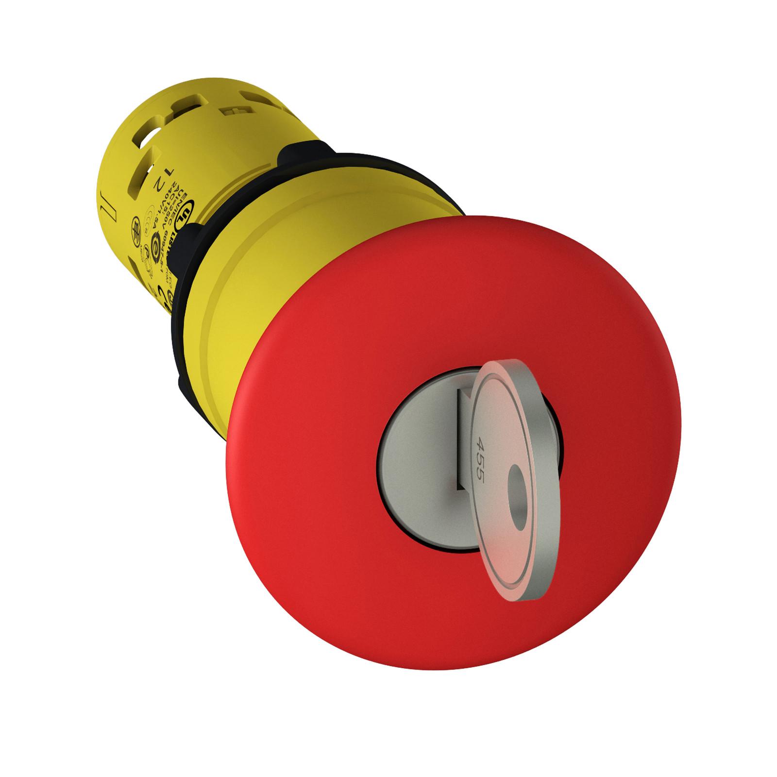 Monolithic emergency stop, Harmony XB7, plastic, red mushroom 40mm, 22mm, latching key release, 2NC