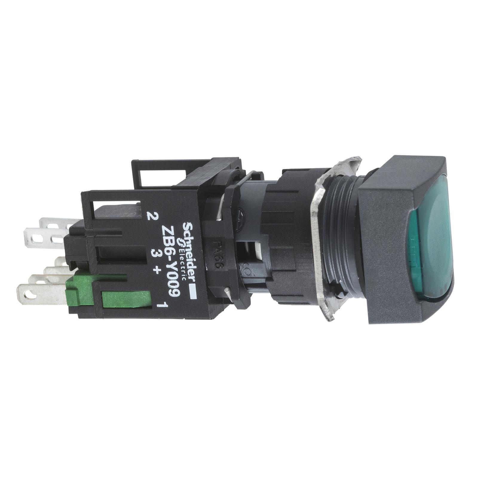 Complete illuminated push button, Harmony XB6, green square flush, 16mm, latching, 1NO, 12...24V