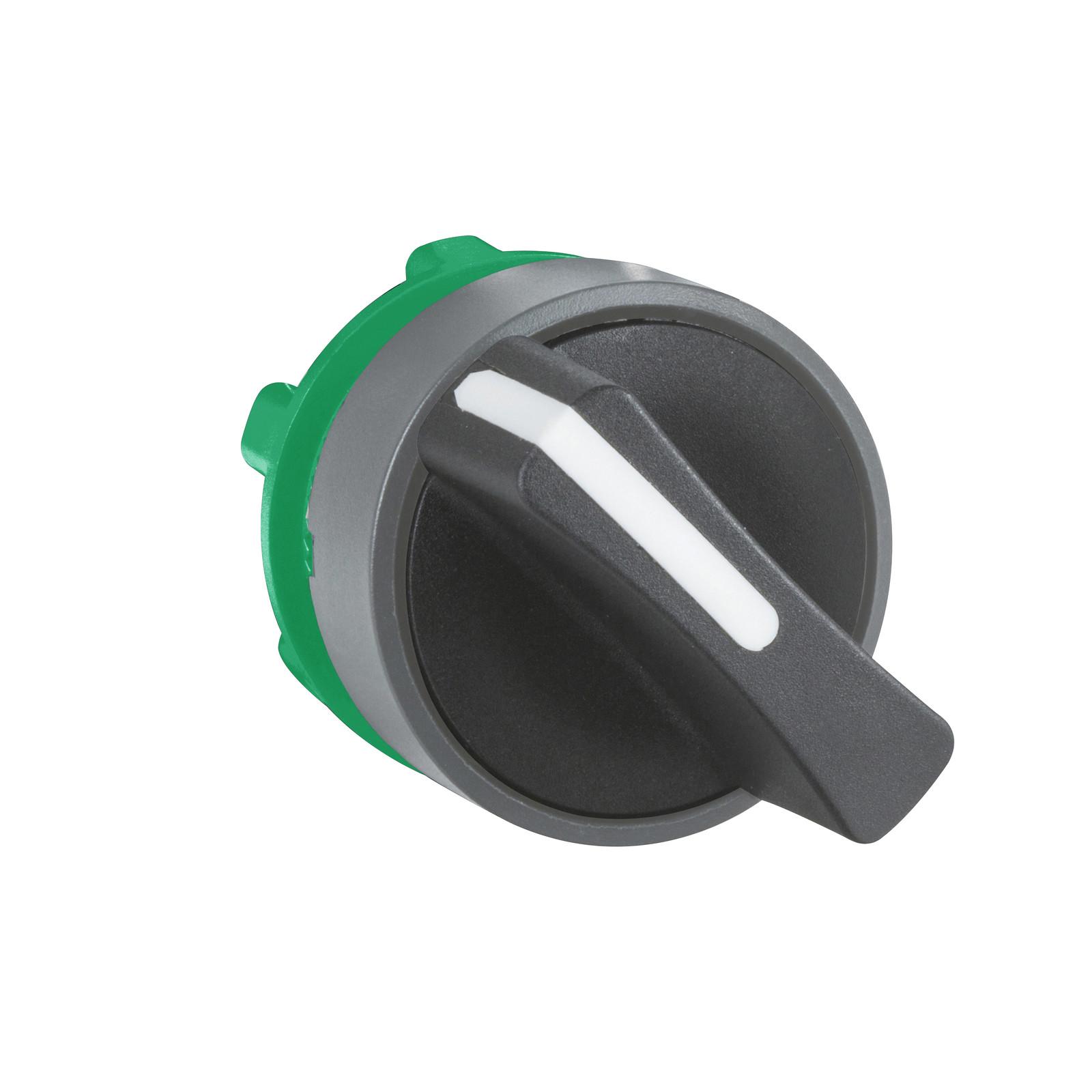 Selector switch head, Harmony XB5, plastic, black, 22mm, 2 positions, spring return from right to left, grey bezel