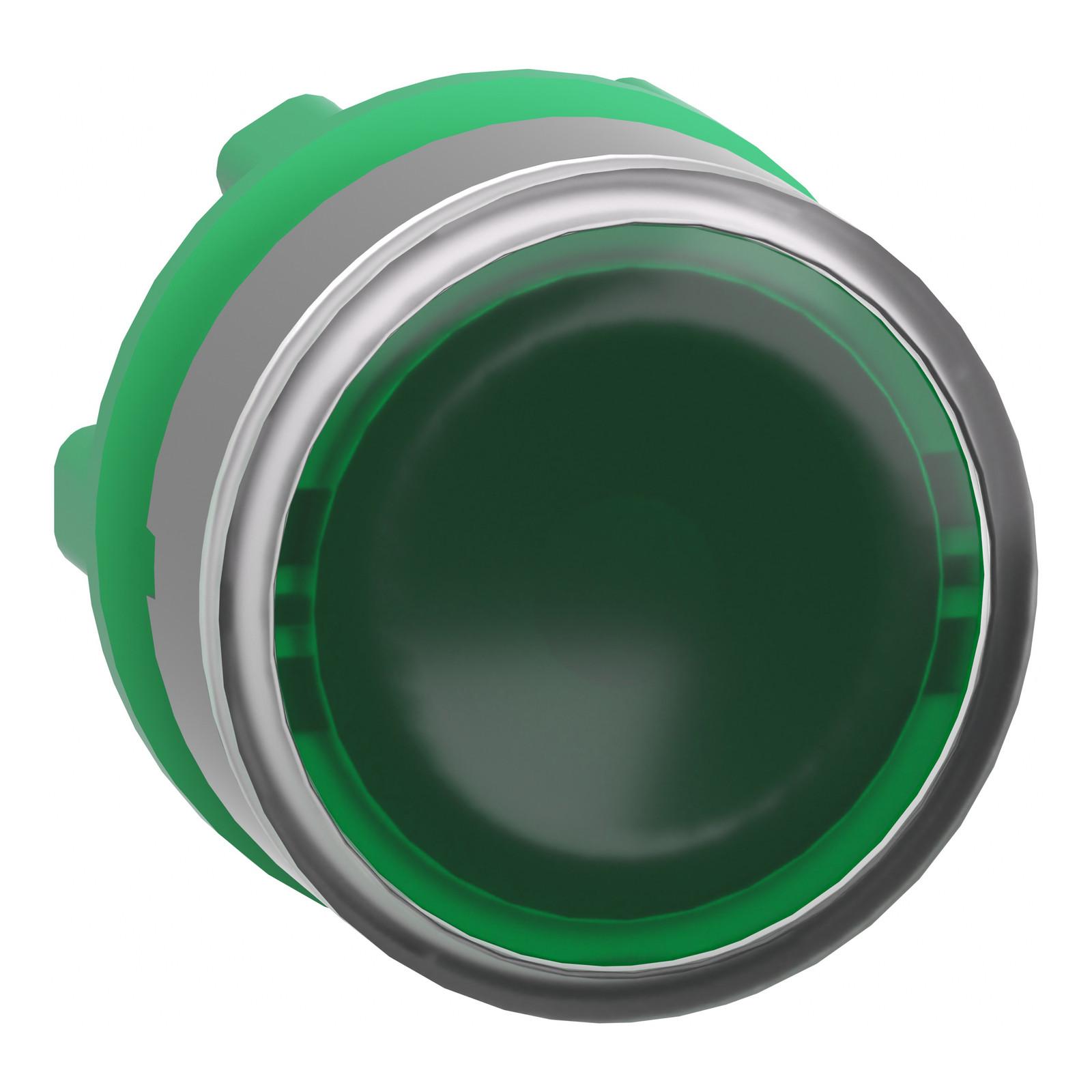 Head for illuminated push button, Harmony XB5, grey bezel, green flush, 22mm, universal LED, spring return, plain lens