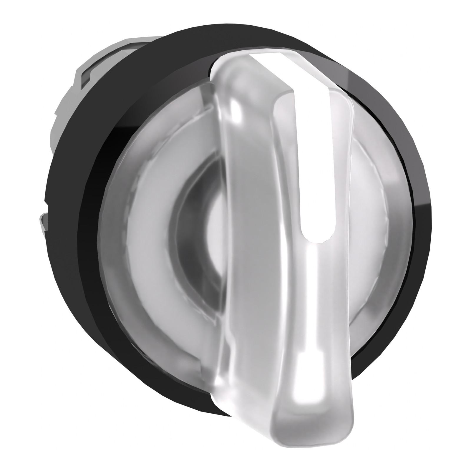Head for illuminated selector switch, Harmony XB4, black metal, white handle, 22mm, universal LED, 3 positions, to center