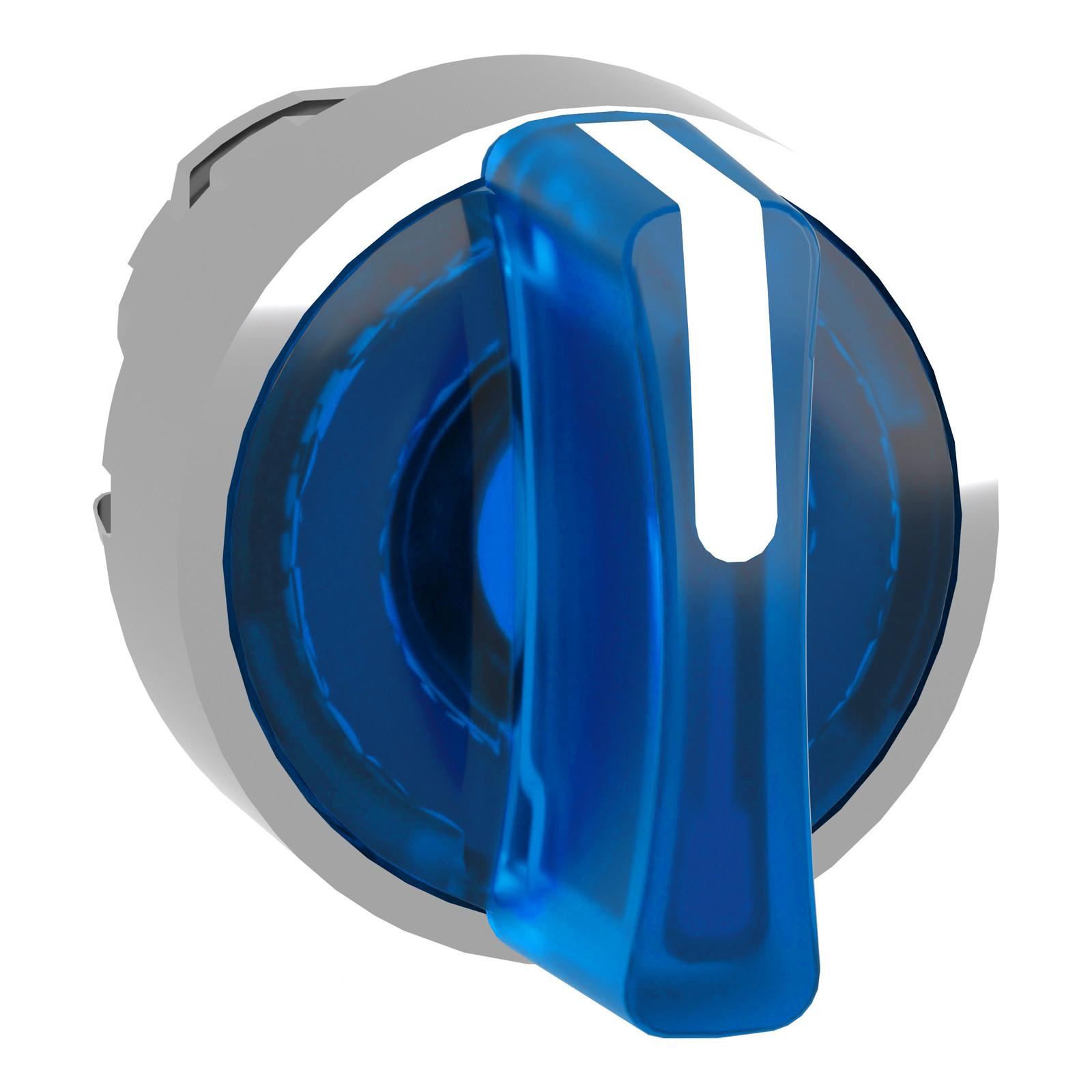 Head for illuminated selector switch, Harmony XB4, metal, blue handle, 22mm, universal LED, 3 positions, right to center