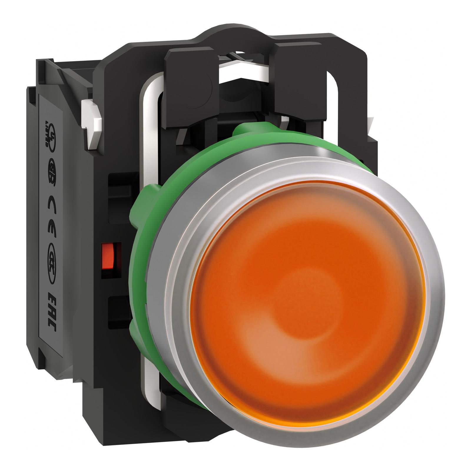 Illuminated push button, Harmony XB5, grey bezel, orange flush, 22mm, universal LED, spring return, 1NO + 1NC, 24V AC