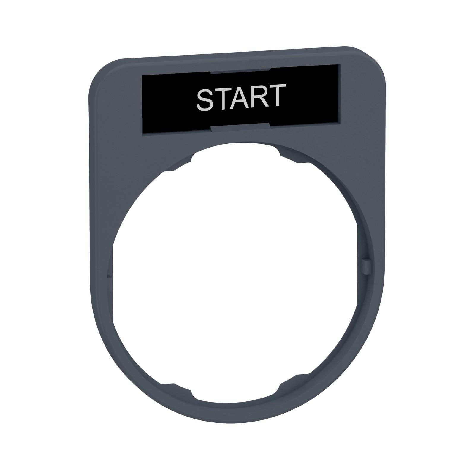 Legend holder, Harmony XB5, 40 x 50mm, for flush mounted heads, plastic, dark grey, white marked START