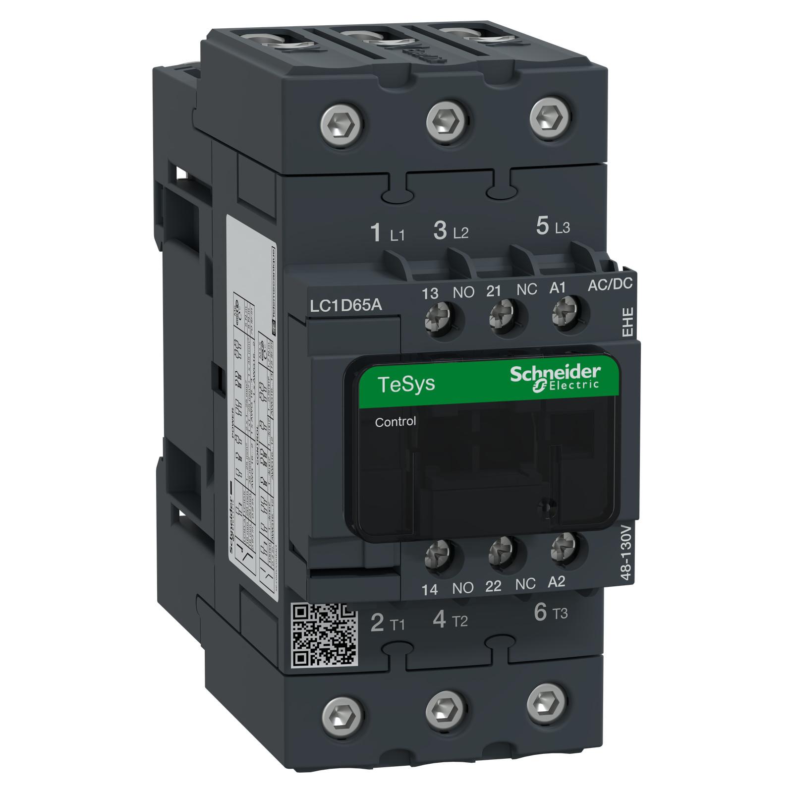 IEC contactor, TeSys Deca Green, nonreversing, 65A, 40HP at 480VAC, up to 100kA SCCR, 3 phase, 3 NO, 48/130VAC/VDC coil