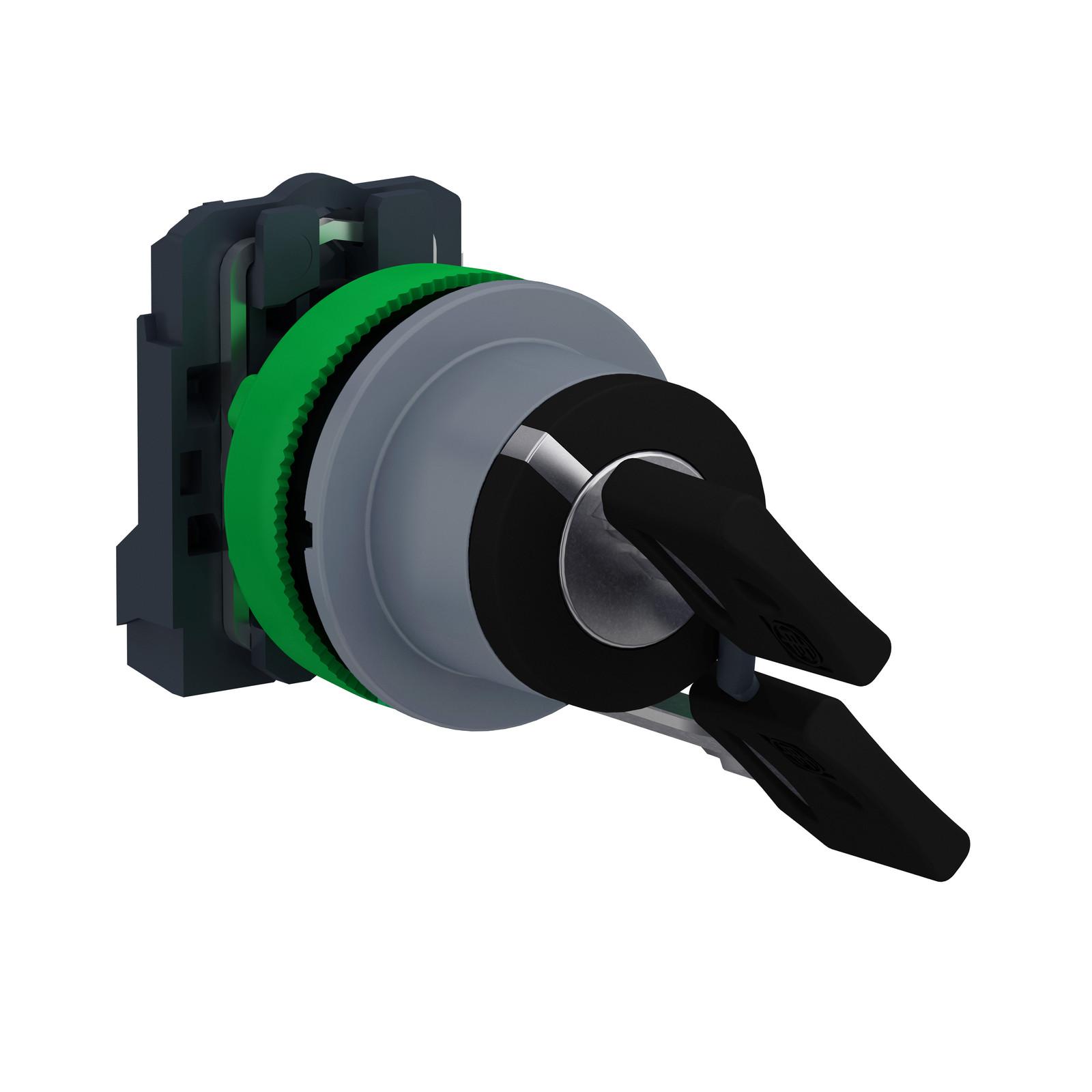 Selector switch, Harmony XB5, flush mounted, grey bezel, 30mm, 2 positions, left/right withdrawal position, key 455, stay put, 1NO