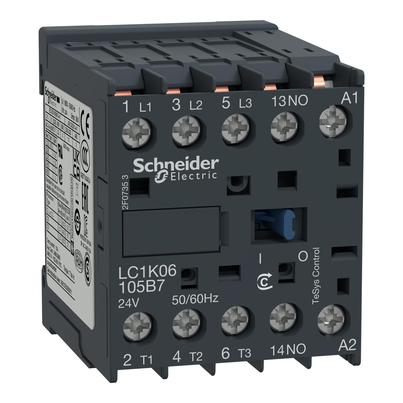 Contactor, TeSys K, 3P, AC-3, lt or eq to 440V 12 A, 1 NO aux., 24VAC coil