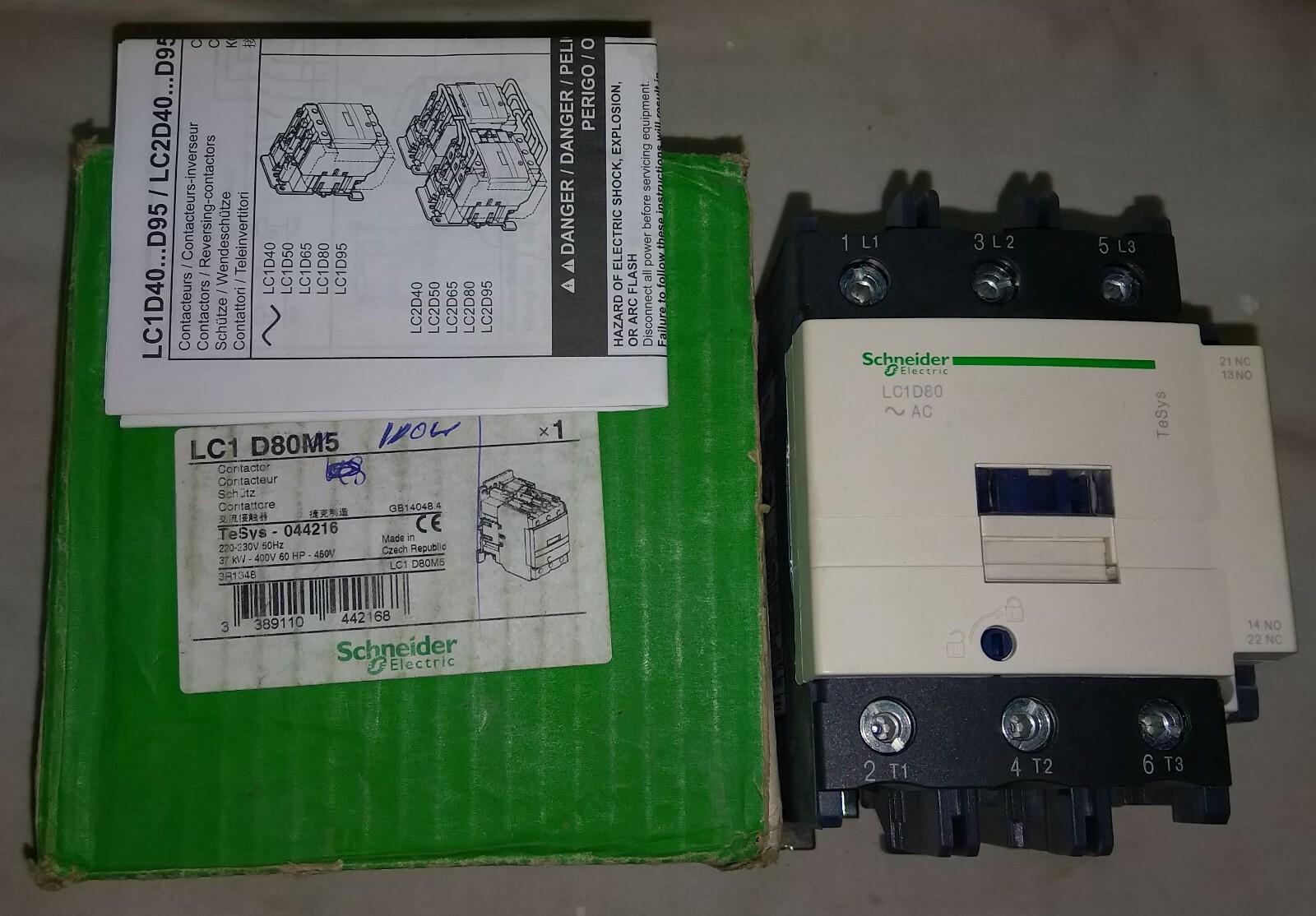 IEC contactor, TeSys Deca, nonreversing, 80A, 60HP at 480VAC, up to 100kA SCCR, 3 phase, 3 NO, 220VAC 50Hz coil, open style