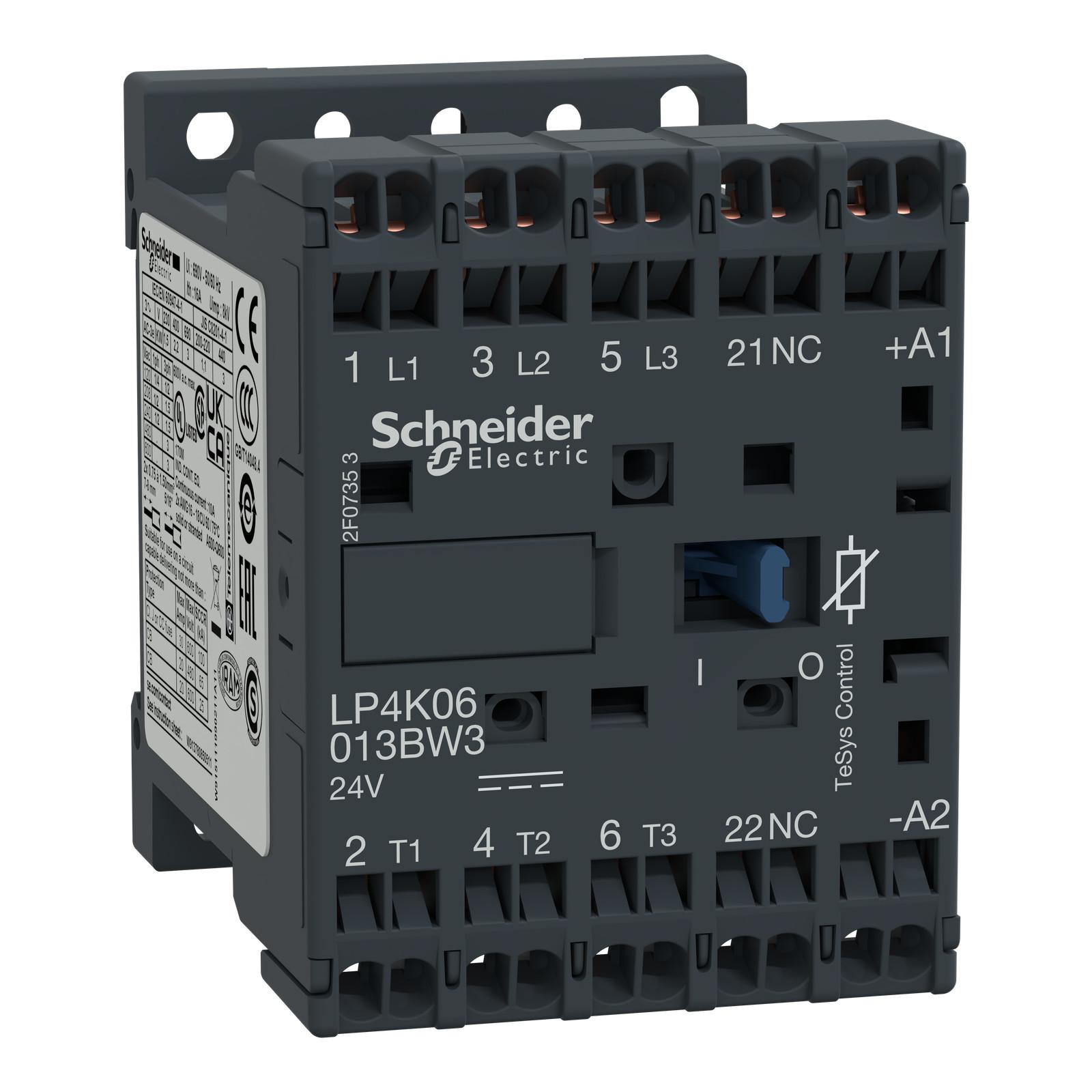 Contactor, TeSys K, 3P, AC-3, lt or eq to 440V, 9A, 1 NC aux, 24VDC coil