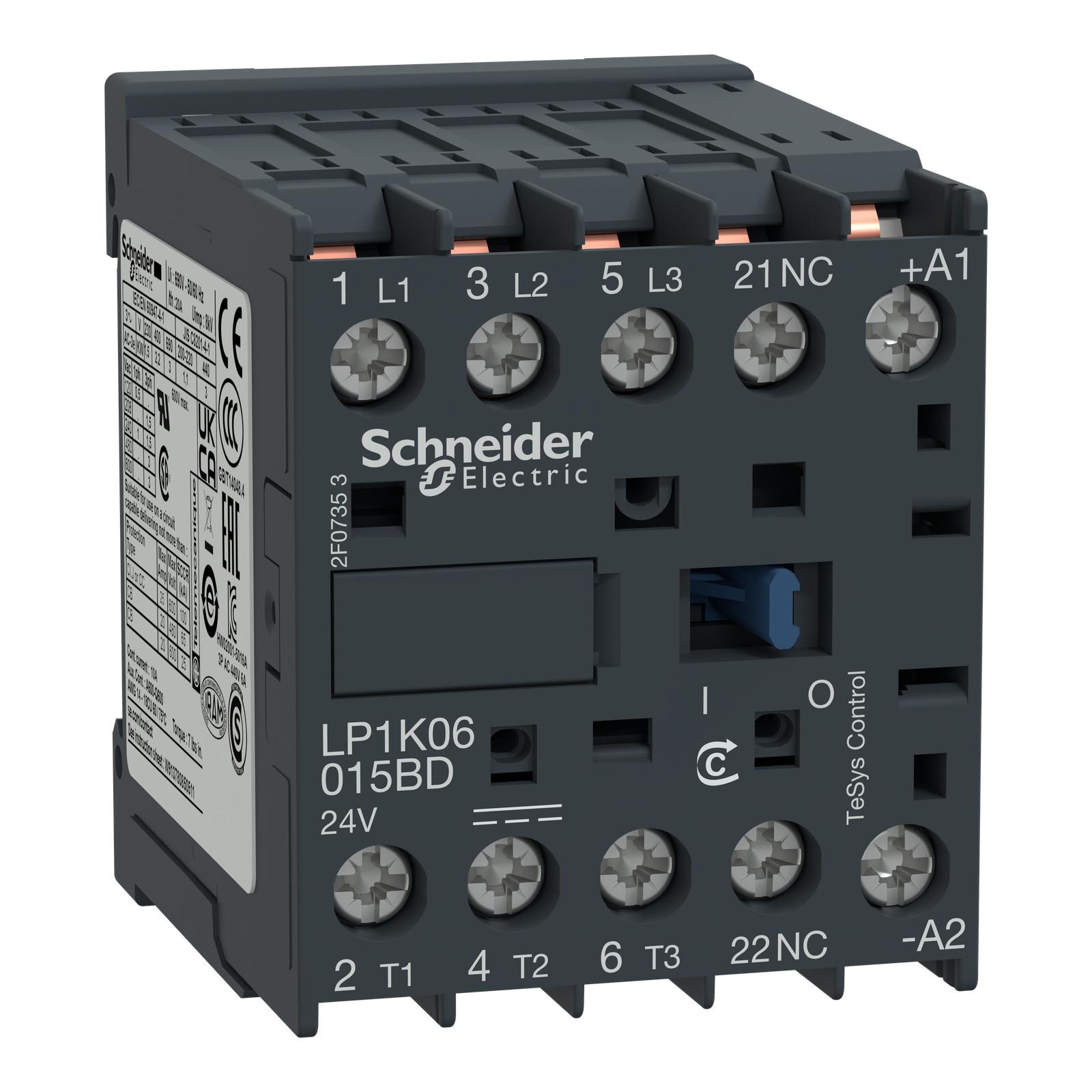 Contactor, TeSys K, 3P, AC-3, lt or eq to 440V, 9A, 1 NC aux, 24VDC coil