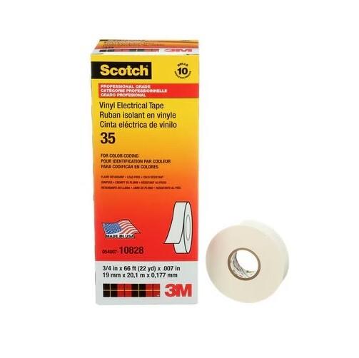 Scotch® Vinyl Color Coding Electrical Tape 35, 3/4 in x 66 ft, White, 10rolls/carton, 100 rolls/Case