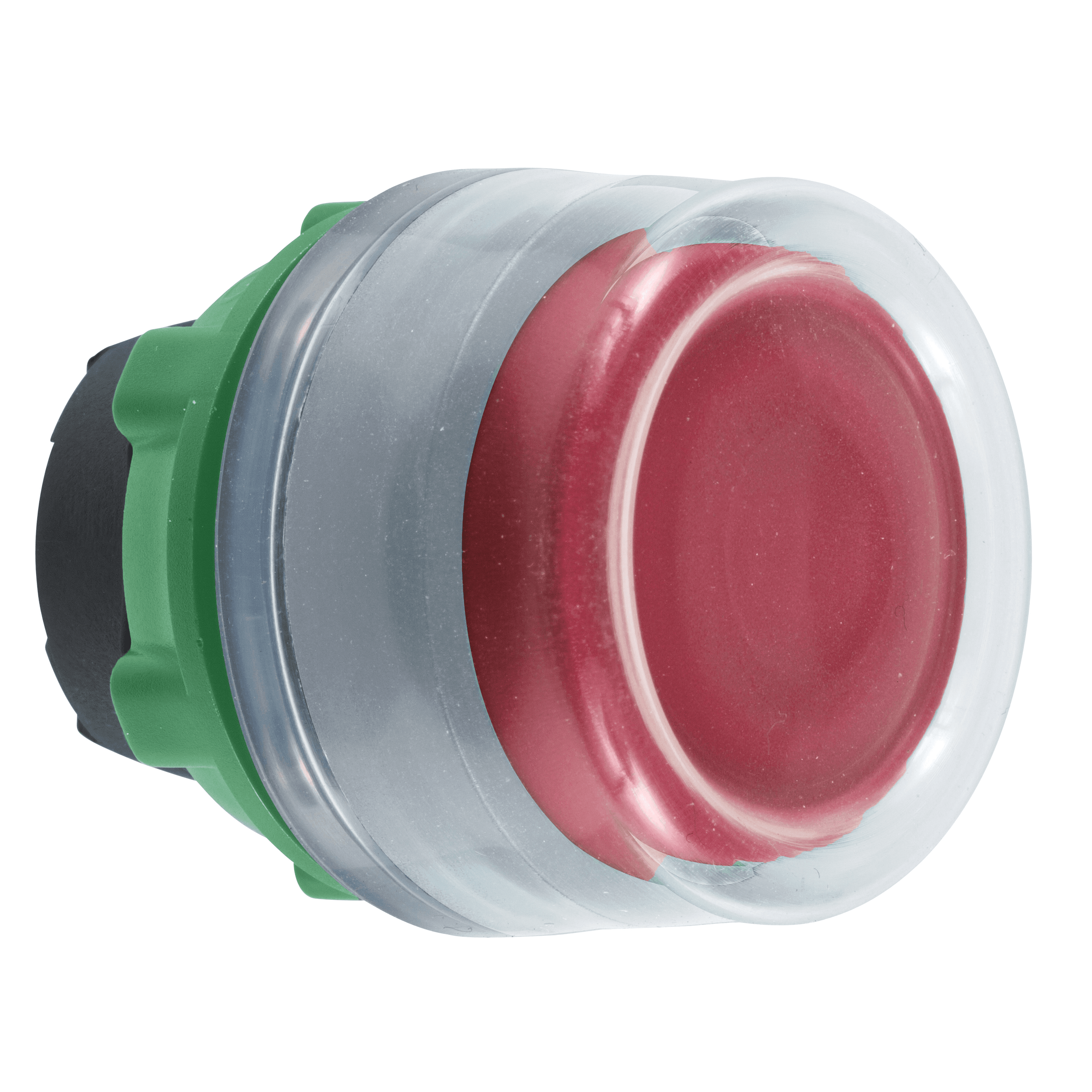 Push button head, Harmony XB5, plastic, flush, red, 22mm, spring return, clear boot, unmarked, grey bezel